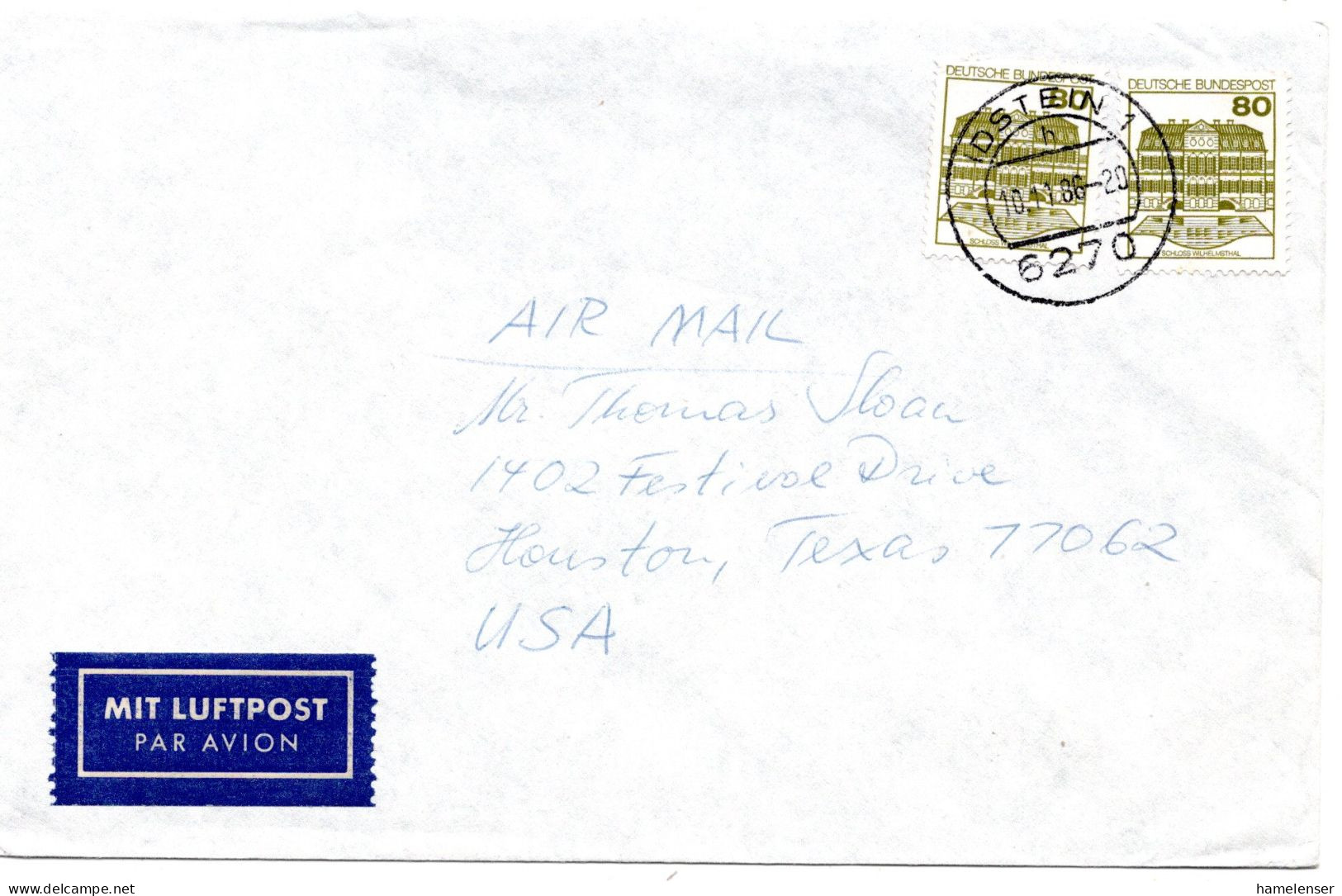 69403 - Bund - 1986 - 2@80Pfg SWK A LpBf IDSTEIN -> Houston, TX (USA) - Cartas & Documentos
