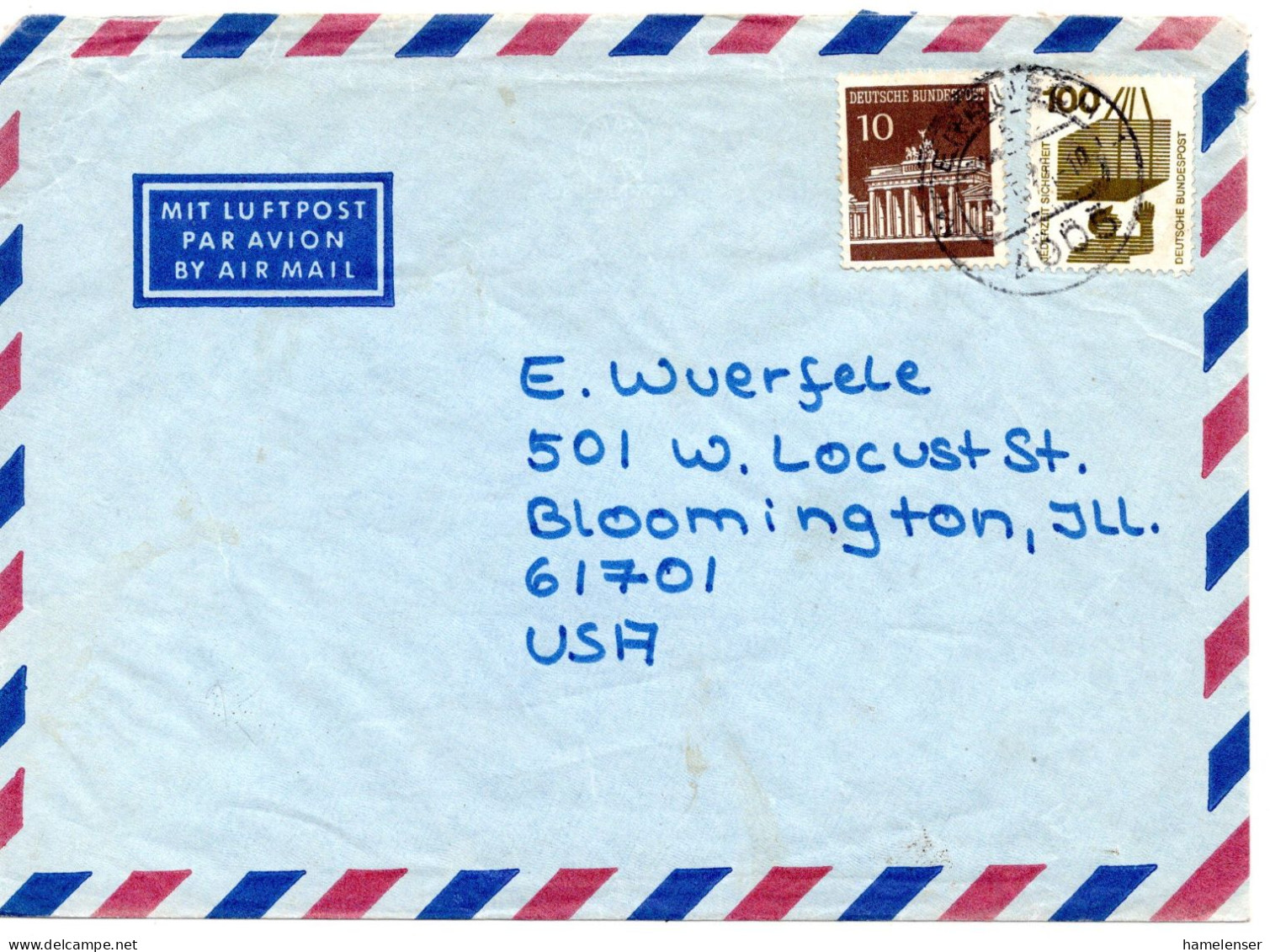 69404 - Bund - 1974 - 100Pfg Unfall MiF A LpBf MEERBUSCH -> Bloomington, IL (USA) - Cartas & Documentos