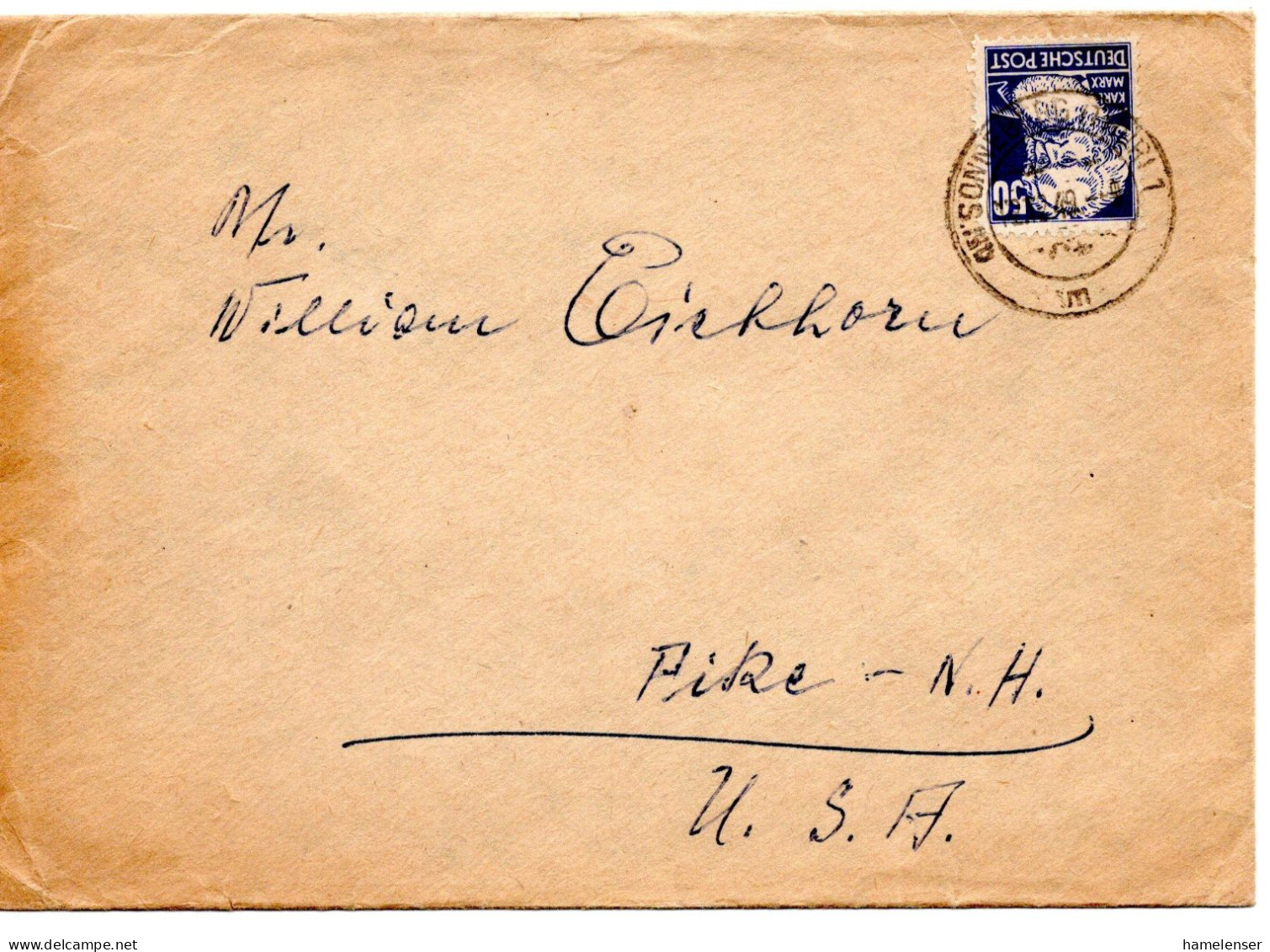 69410 - DDR - 1949 - 50Pfg Marx EF A Bf SONNEBERG -> Pike, NH (USA) - Cartas & Documentos