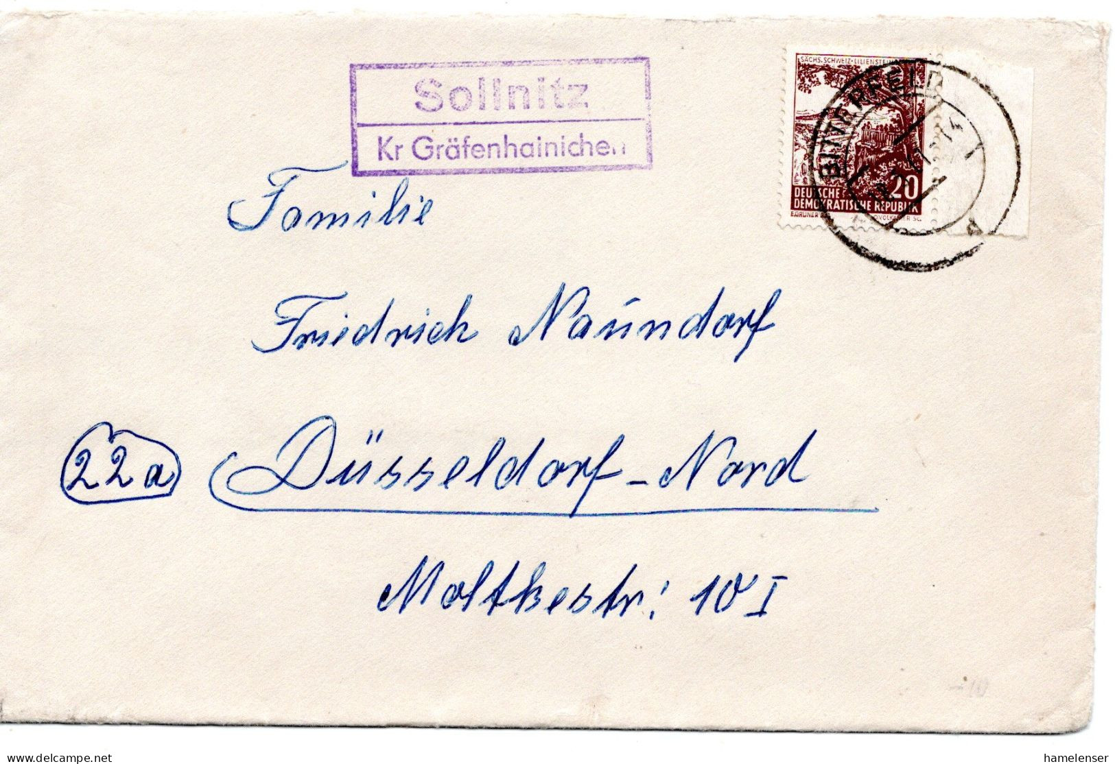 69411 - DDR - 1961 - 20Pfg Landschaften EF A Bf LandpostStpl SOLLNITZ -> BITTERFELD -> Duesseldorf (Westdeutschland) - Briefe U. Dokumente