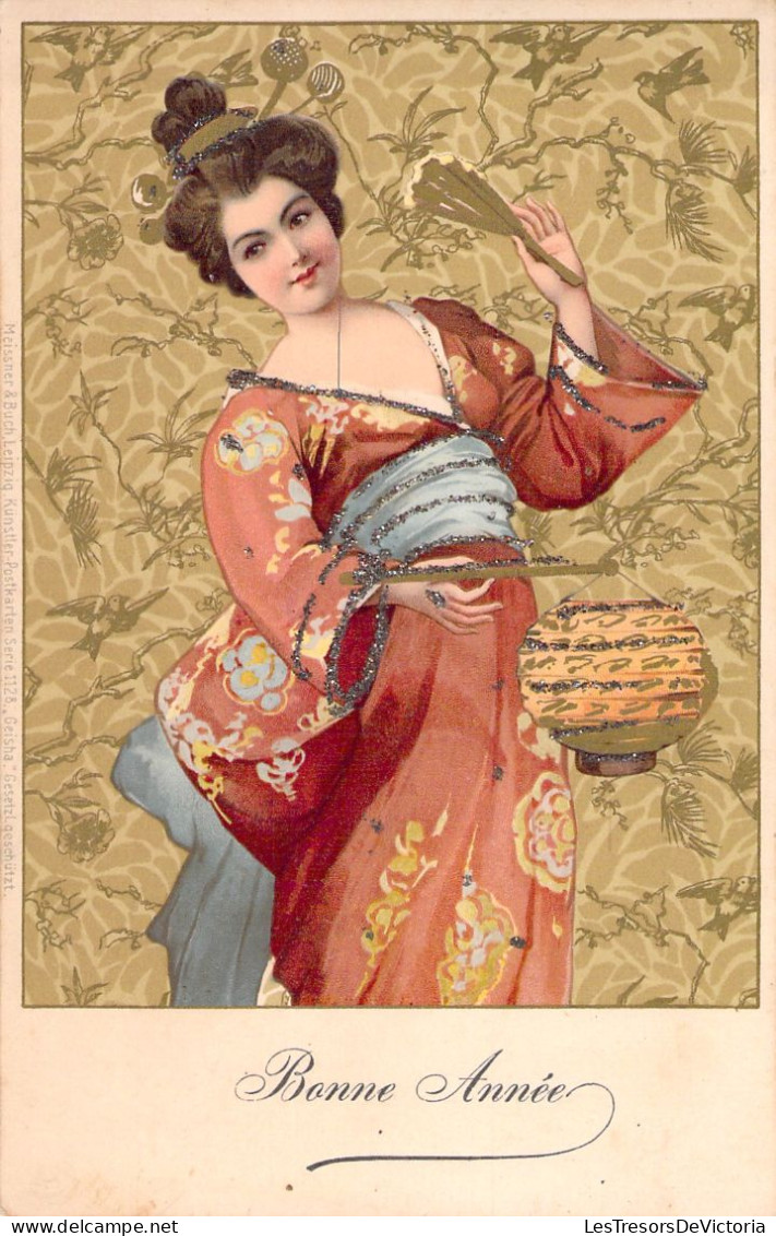 ILLUSTRATEUR - Carte Bonne Année Style Japonais - Eventail - Carte Postale Ancienne - Autres & Non Classés