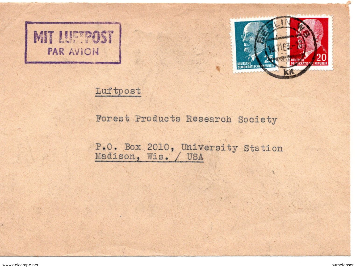 69412 - DDR - 1963 - 25Pfg Ulbricht MiF A LpBf BERLIN -> Madison, WI (USA) - Storia Postale