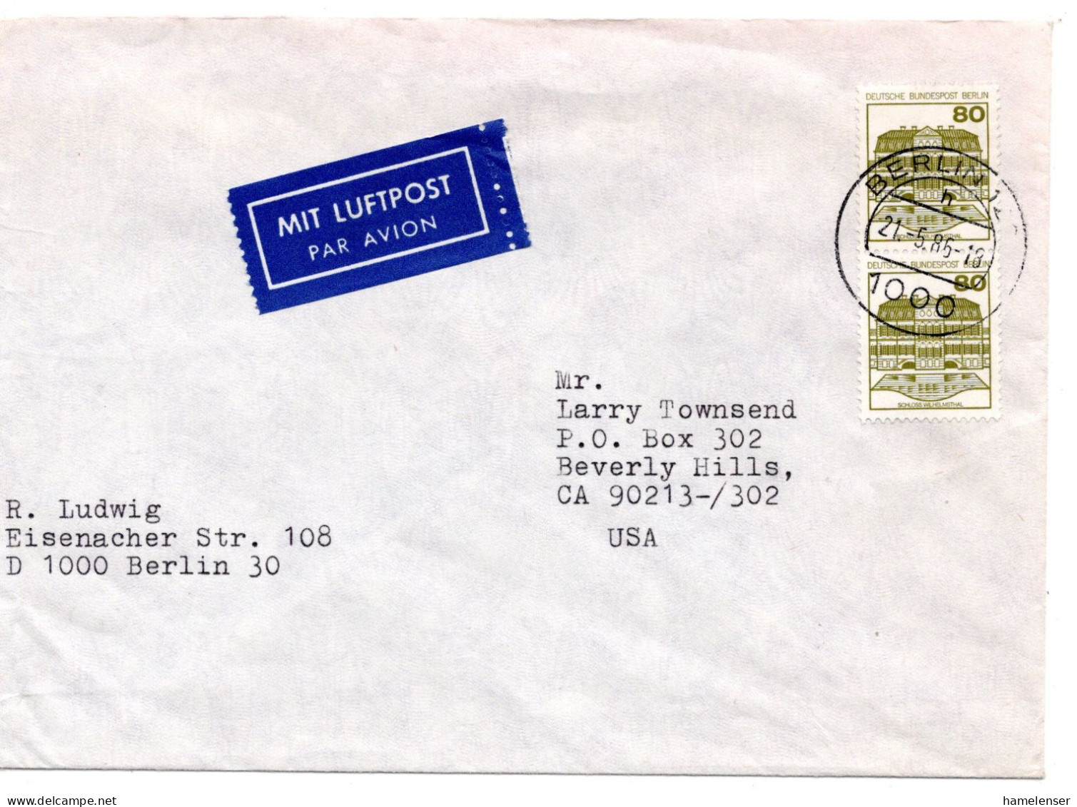 69416 - Berlin - 1986 - 2@80Pfg B&S A LpBf BERLIN -> Beverly Hills, CA (USA) - Cartas & Documentos