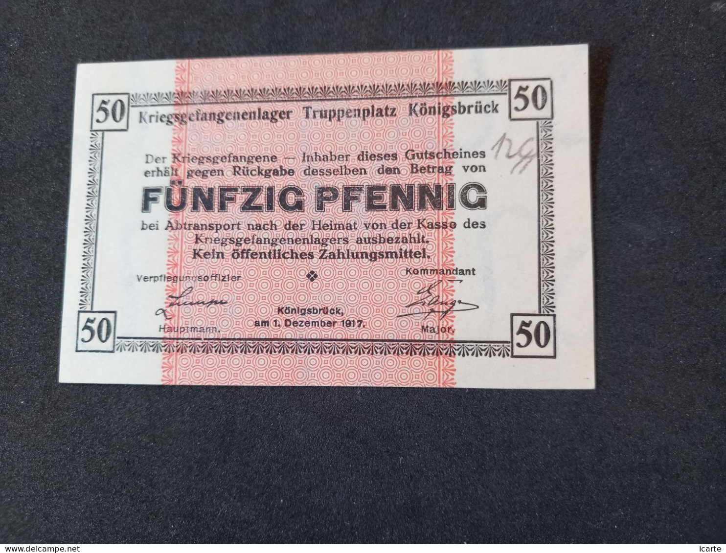 Billet 50 PFENNIG KÖNIGSBRÜCK MONNAIE DE CAMP PRISONNIER DE GUERRE 1917 Kriegsgefangenenlager - Altri & Non Classificati