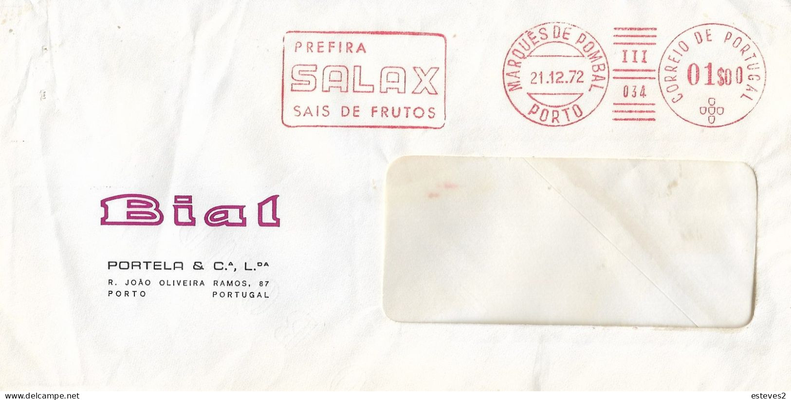 Pharmaceutical Chemistry , BIAL , SALAX SAIS DE FRUTOS , Slogan Postmark EMA  1972 , Marquês De Pombal  Porto - Pharmacy