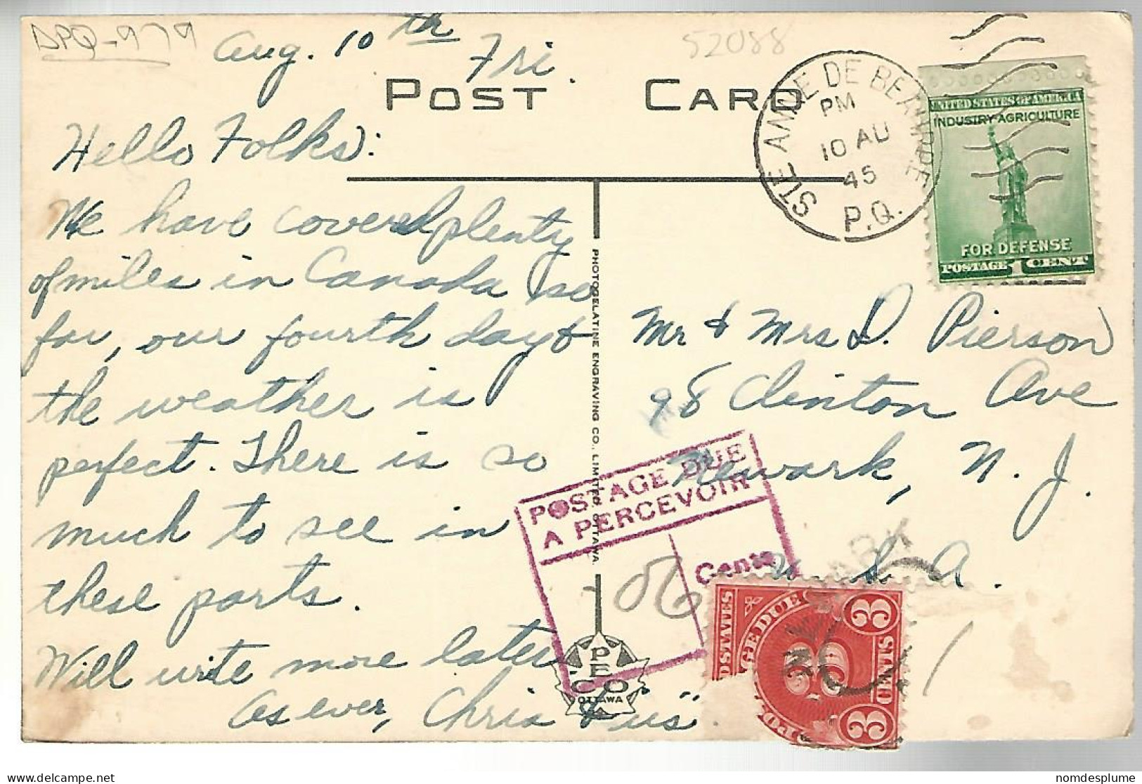 52088 ) Postcard Canada Quebec  Dufferin St Anne De Beaupre Postmark Duplex Postage Due - Ste. Anne De Beaupré
