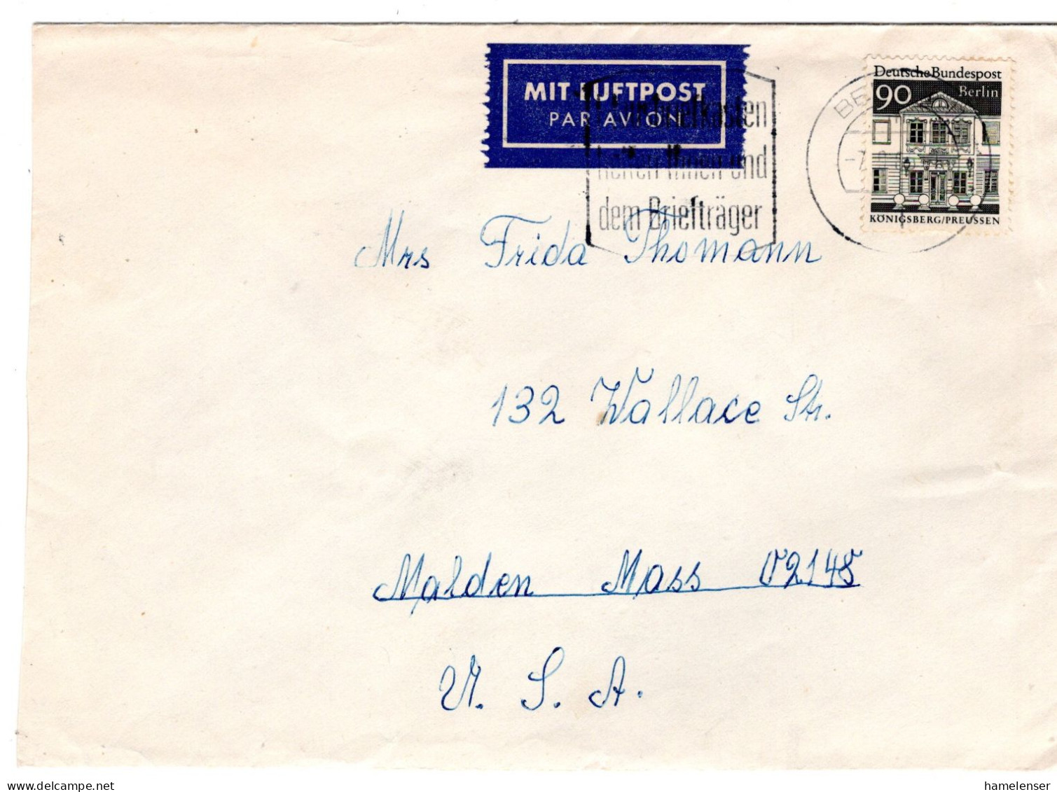 69419 - Berlin - 1966 - 90Pfg Gr.Bauten EF A LpBf BERLIN - ... -> Malden, MA (USA) - Storia Postale