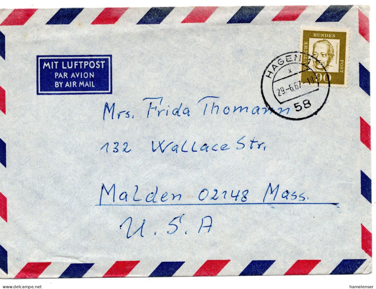 69422 - Bund - 1967 - 90Pfg Oppenheimer EF A LpBf HAGEN -> Malden, MA (USA) - Covers & Documents
