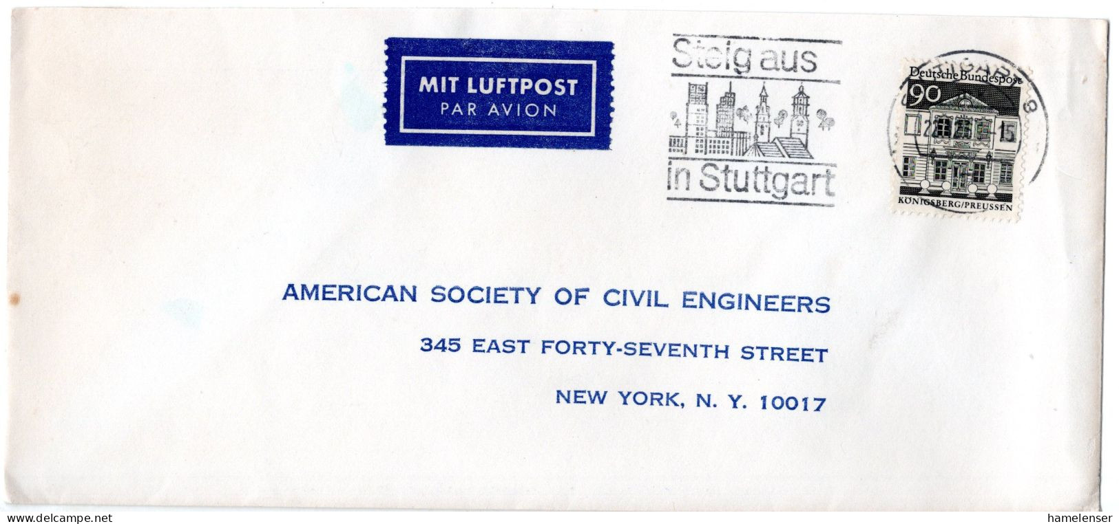 69424 - Bund - 1969 - 90Pfg Gr.Bauten EF A LpBf STUTTGART - ... -> New York, NY (USA) - Cartas & Documentos