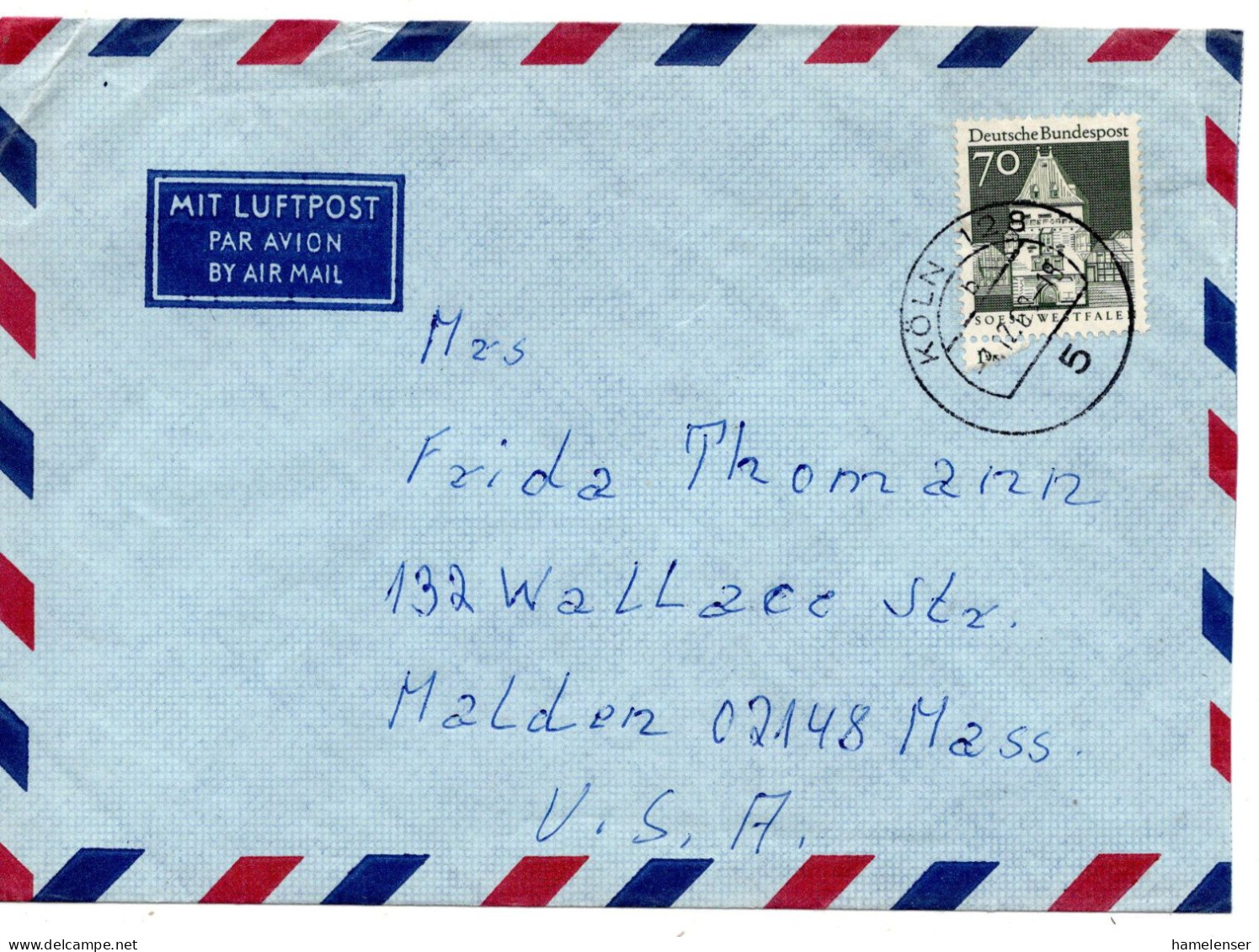 69425 - Bund - 1969 - 70Pfg Gr.Bauten EF A LpBf KOELN -> Malden, MA (USA) - Lettres & Documents