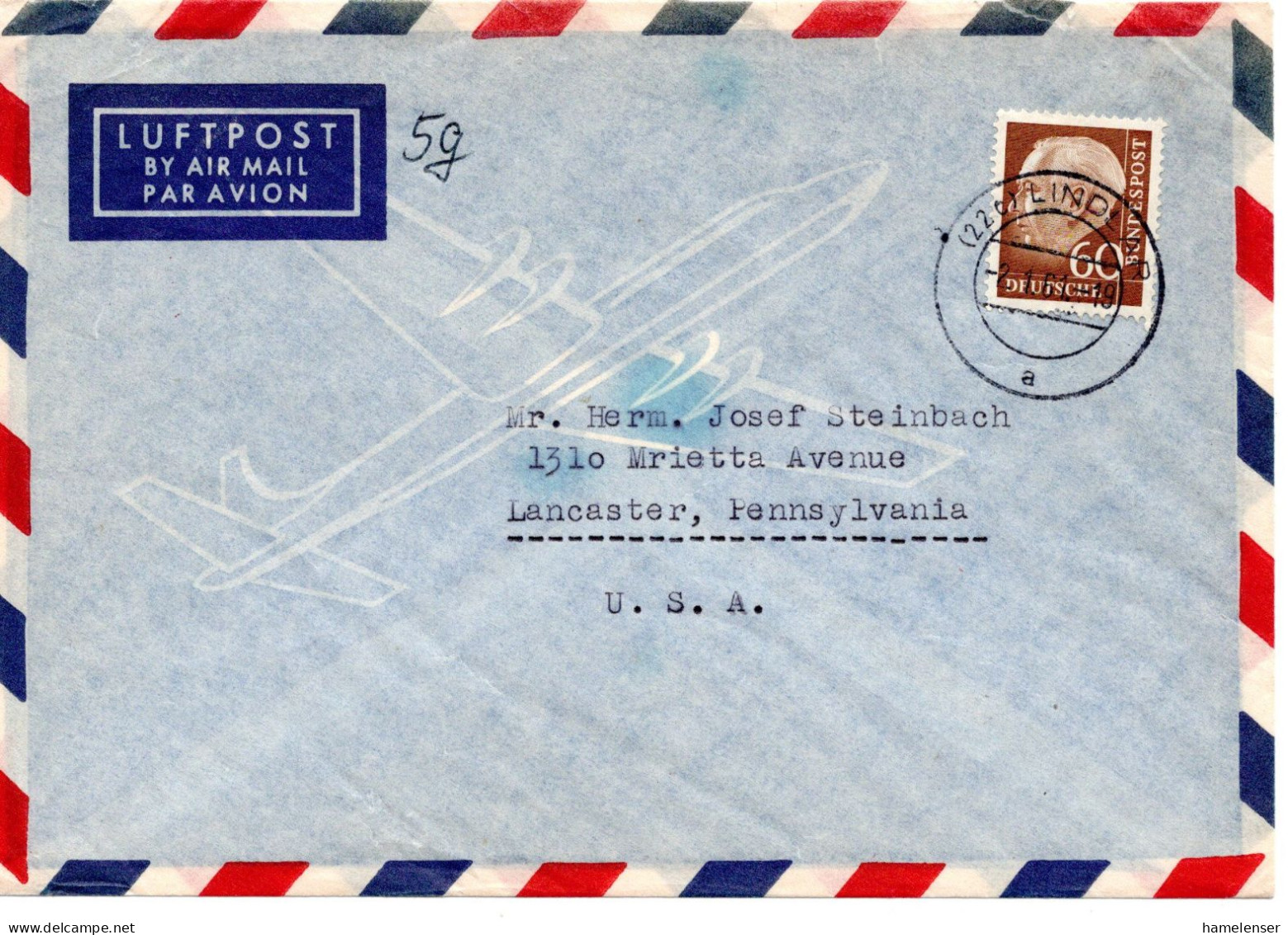 69426 - Bund - 1961 - 60Pfg Heuss II EF A LpBf LINDLAR -> Lancaster, PA (USA) - Lettres & Documents