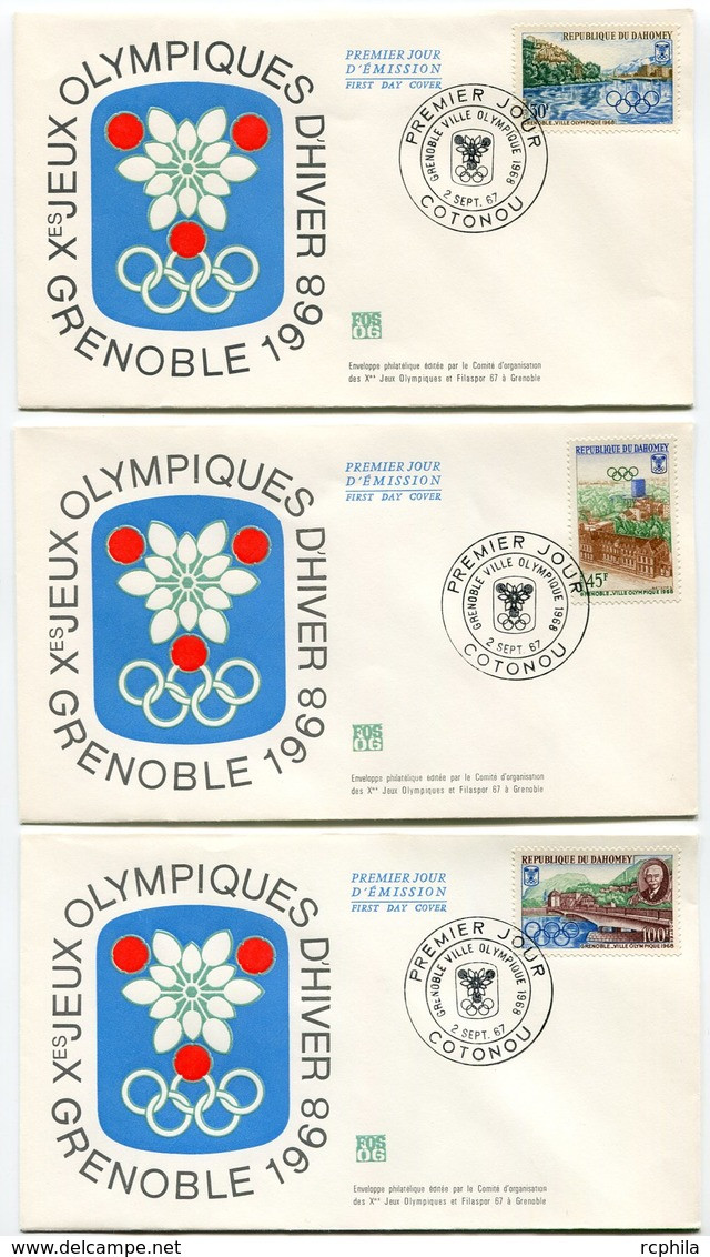 RC 9682 DAHOMEY JEUX OLYMPIQUES DE GRENOBLE 1968 VILLE OLYMPIQUE COUBERTIN 1er JOUR FDC TB - Briefe U. Dokumente
