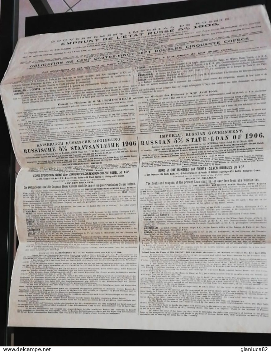 Bond 1906 Al 5% Antico Stato Imperiale Russia 187.50 Rubli (09) Come Foto Ripiegato Con Pieghe Tecniche 40,0 X 30,0 Cm - Russie