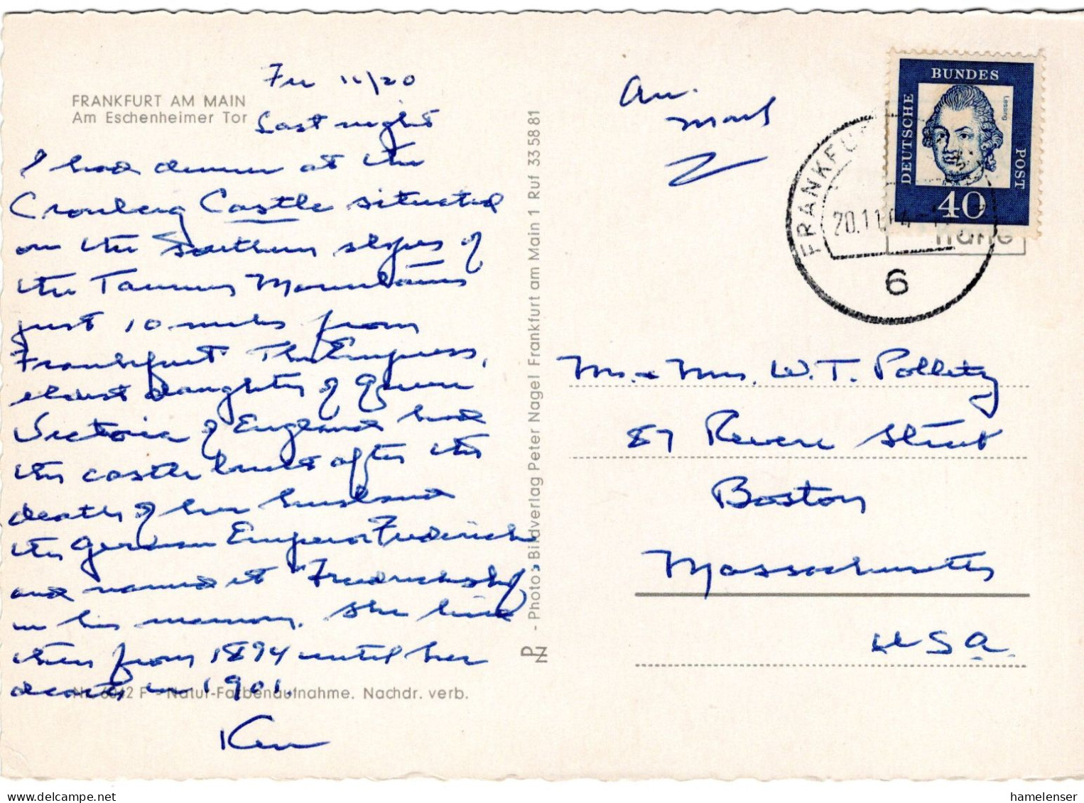 69432 - Bund - 1964 - 40Pfg Lessing EF A LpAnsKte FRANKFURT -> Boston, MA (USA) - Covers & Documents