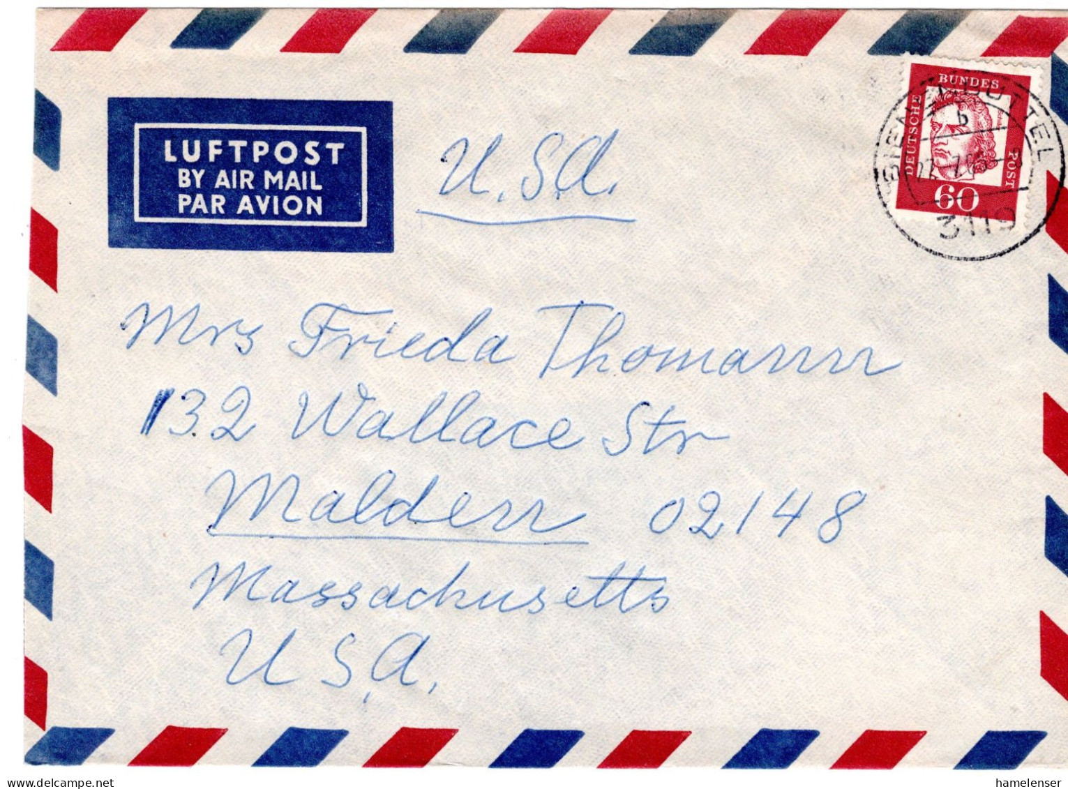 69433 - Bund - 1965 - 60Pfg Schiller EF A LpBf BIENENBUETTEL -> Malden, MA (USA) - Covers & Documents