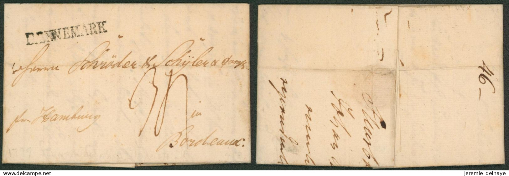 Maritime Mail : Letter From Flensburg (1799) + Black Straight Line DANNEMARK & Manuscript "Par Hamburg" > Bordeaux - ...-1851 Prephilately