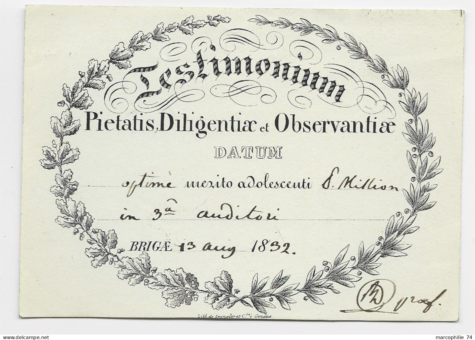 SUISSE HELVETIA BRIGA 13AUG 1832 CARTE TESTIMONIUM PIETATIS DILIGENTIA ET OBSERVANTIAE DATUM LITH GENEVE - ...-1845 Precursores