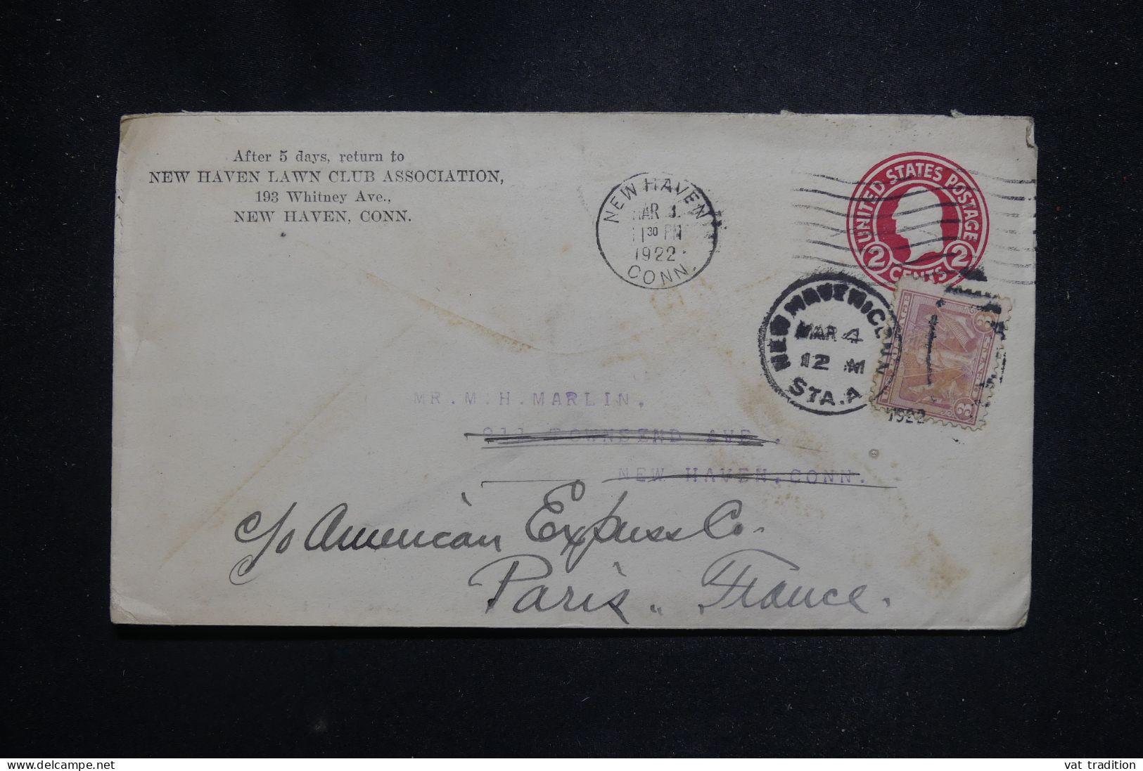 ETATS UNIS - Entier Postal Commercial De New Haven Pour New Haven Et Réexpédié Vers Paris En 1922 - L 146713 - 1921-40