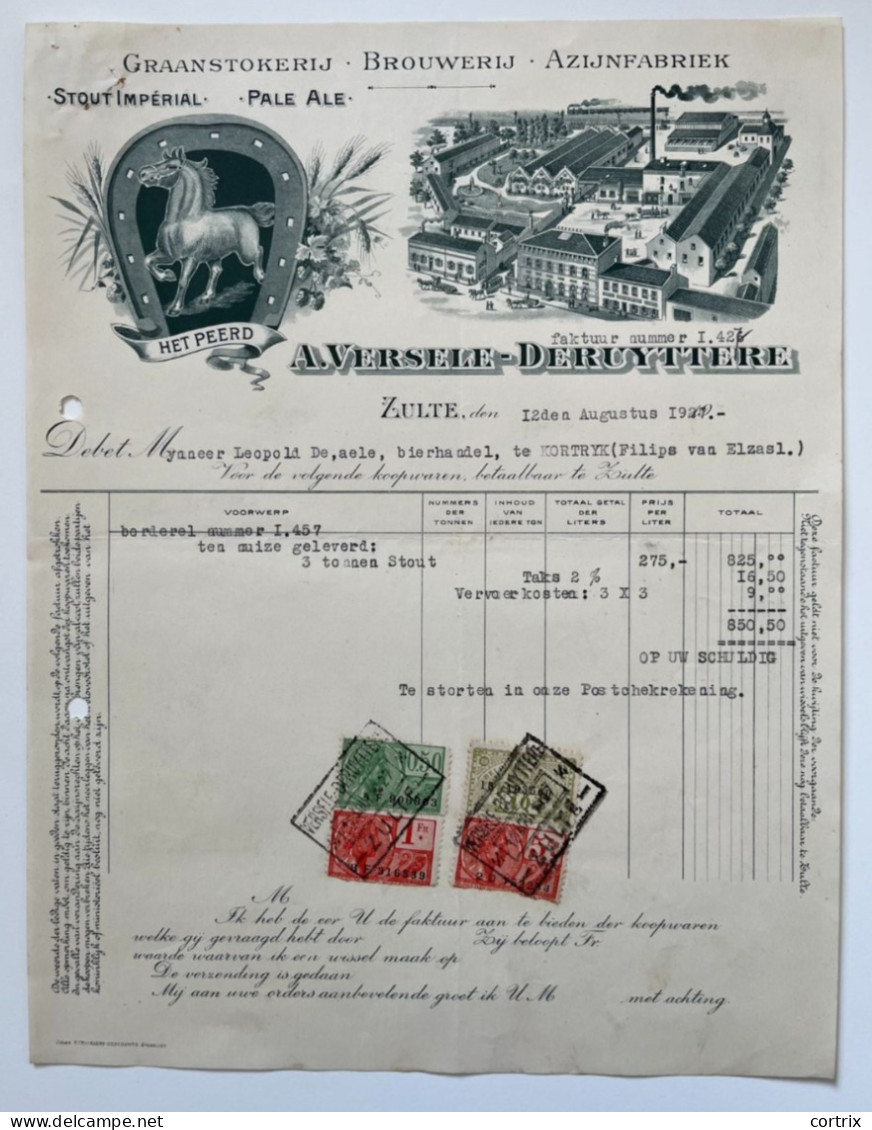 Factuur Zulte 1927 Brouwerij Anglo - Belge / Versele - Deruyttere - Lebensmittel
