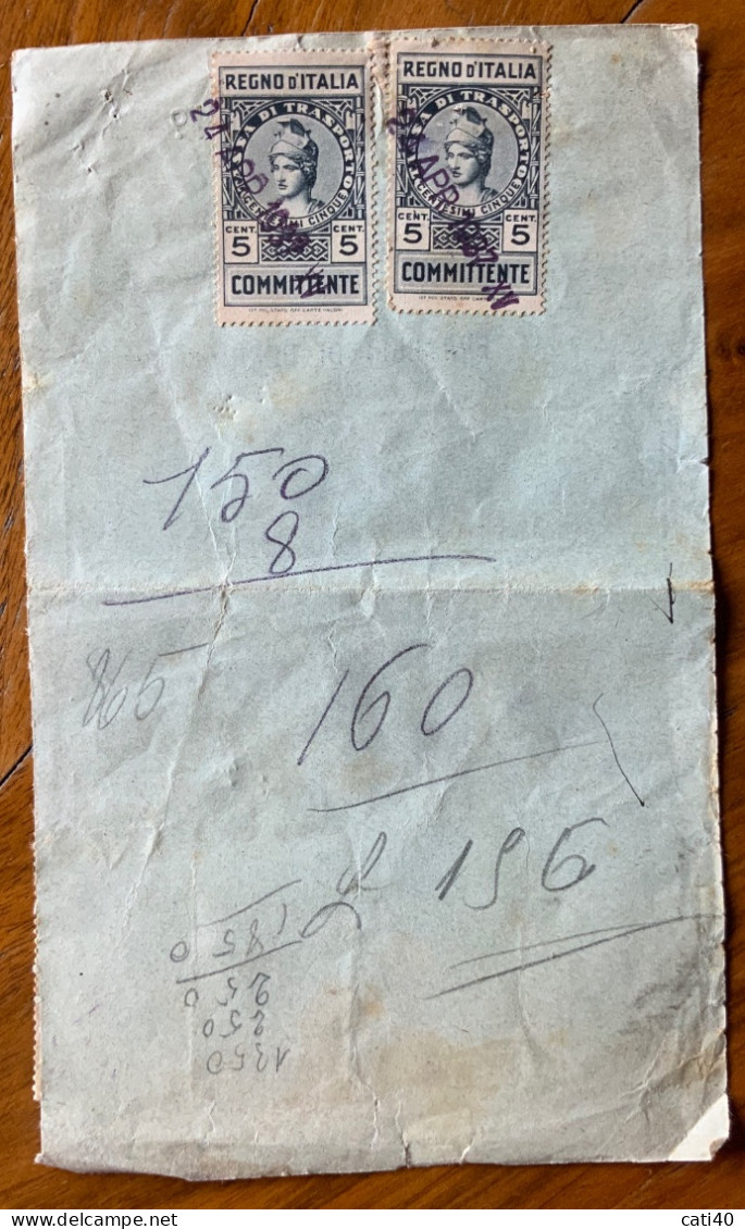 MARCA DA BOLLO TASSA DI TRASPORTO - RICEVUTA VETTORE PER CONSEGNA DA LANCIANO A S.VITO MARINA  DEL 24/4/37 - Revenue Stamps