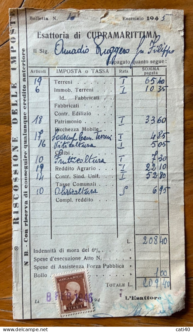 CUPRAMARITTIMA - RICEVUTA DELL'ESATTORIA  CON  MARCA DA BOLLO  IN DATA 8/2/46 - Revenue Stamps