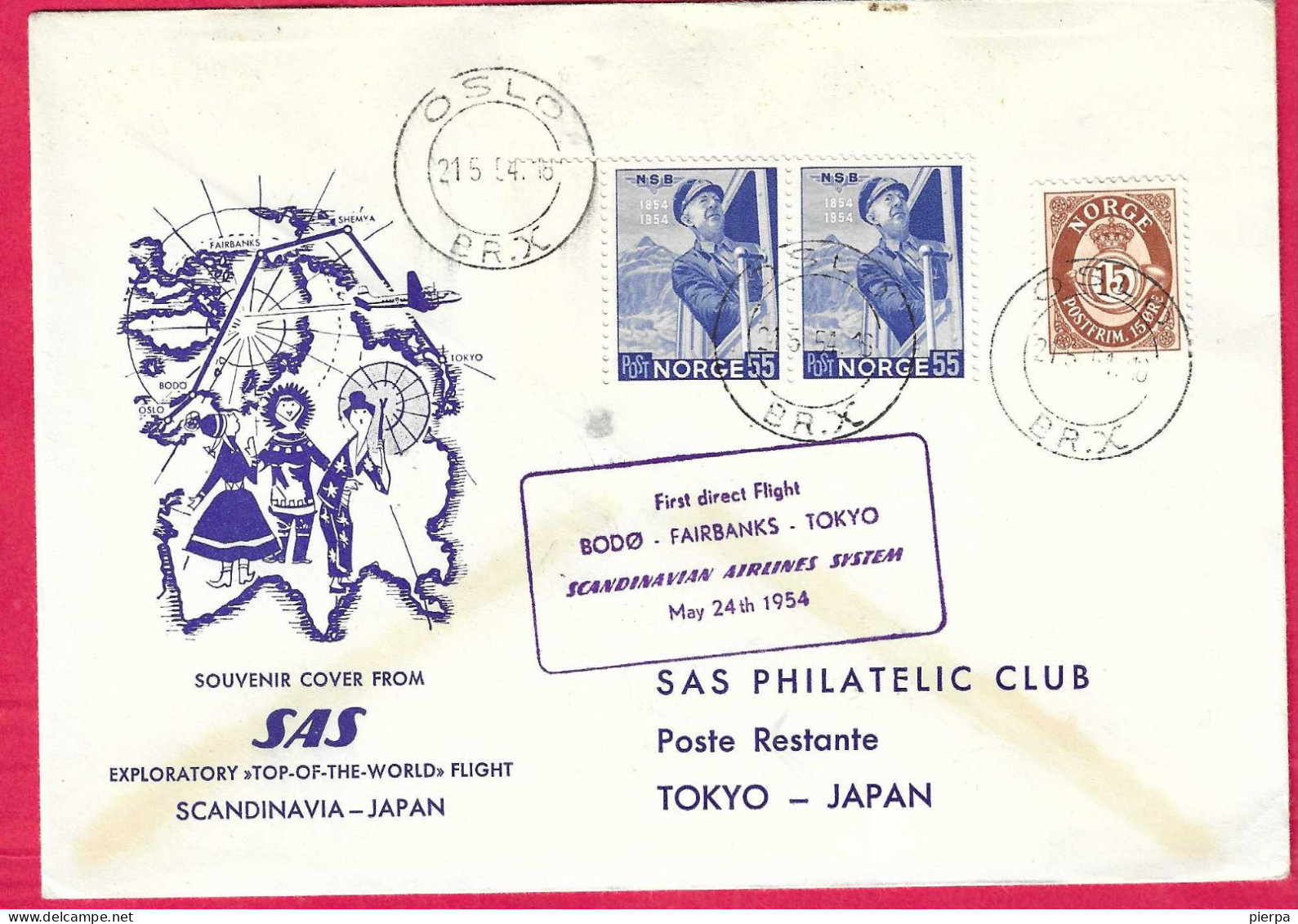 NORGE - FIRST DIRECT FLIGHT SAS FROM OSLO/FAIRBANKS/TOKYO * 21.5.54* ON SOUVENIR LARGE COVER - Covers & Documents