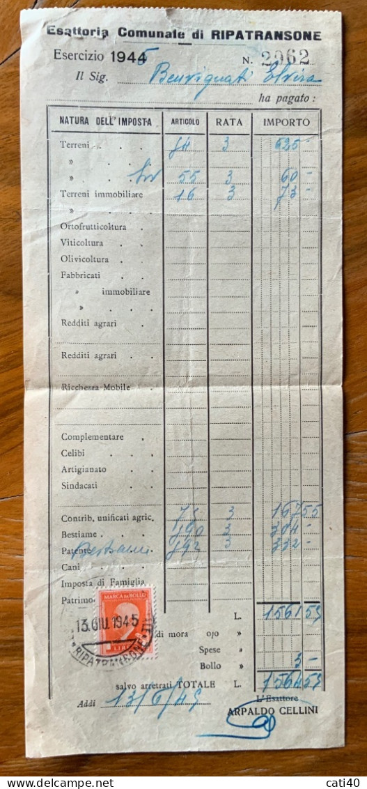 RIPATRANSONE - RICEVUTA DELL'ESATTORIA  CON  MARCA DA BOLLO  IN DATA 13 GIUGNO 1945 - Fiscale Zegels