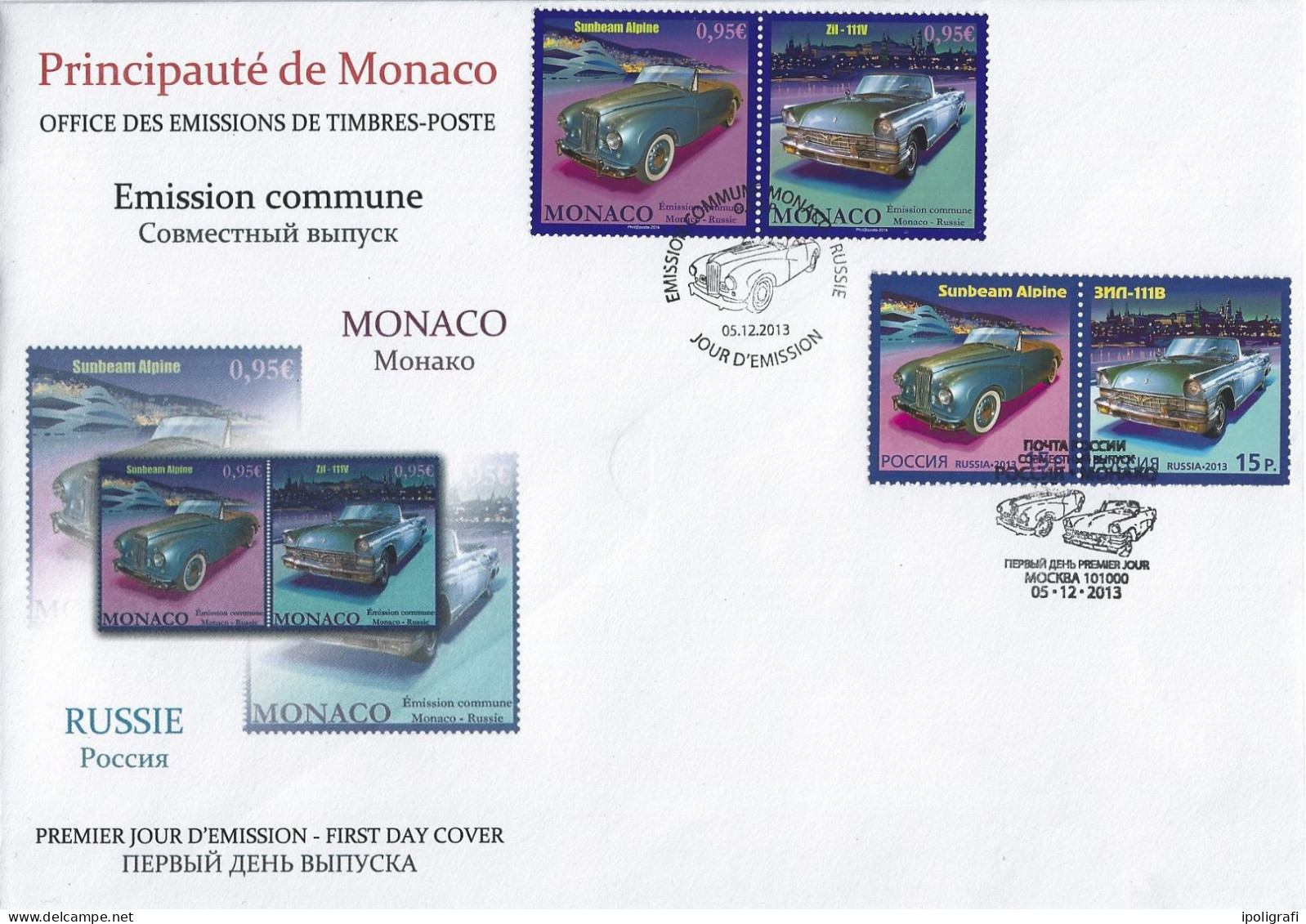 Monaco 2013  Auto, Emissiione  Congiunta Con La Russia, Fdc Doppia Con Annulli Speciali, Bella - Brieven En Documenten