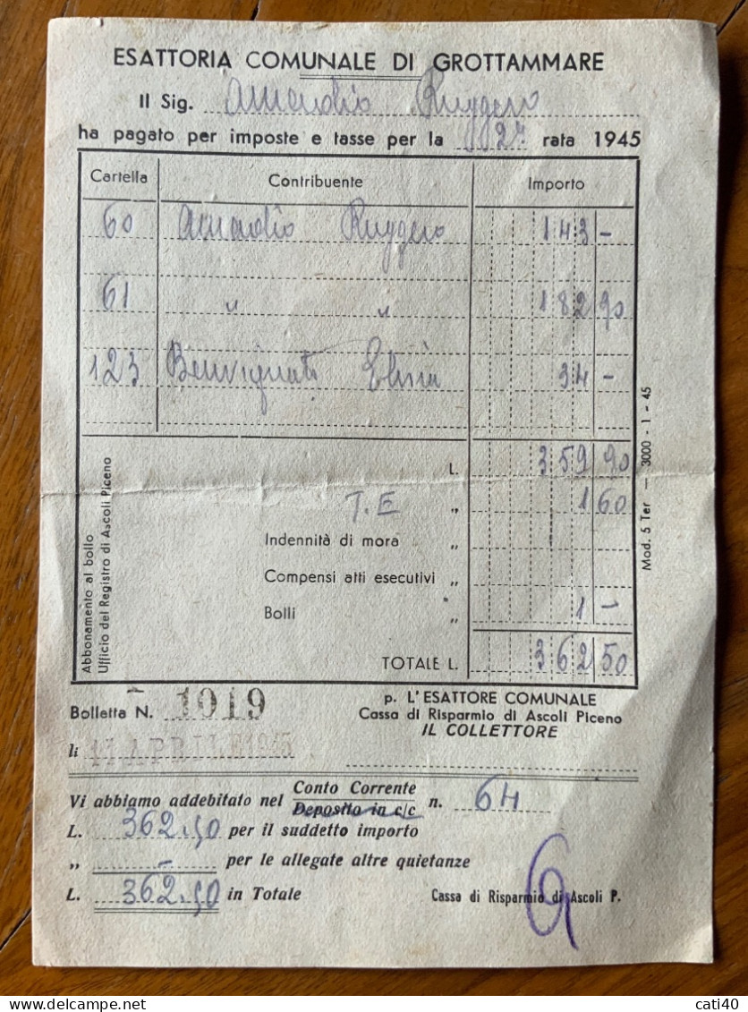 GROTTAMMARE - RICEVUTA DELL'ESATTORIA  CON  MARCA DA BOLLO CONTRATTI LOCAZIONE L. 1 + Altri  IN DATA 11 APRILE  1945 - Fiscaux