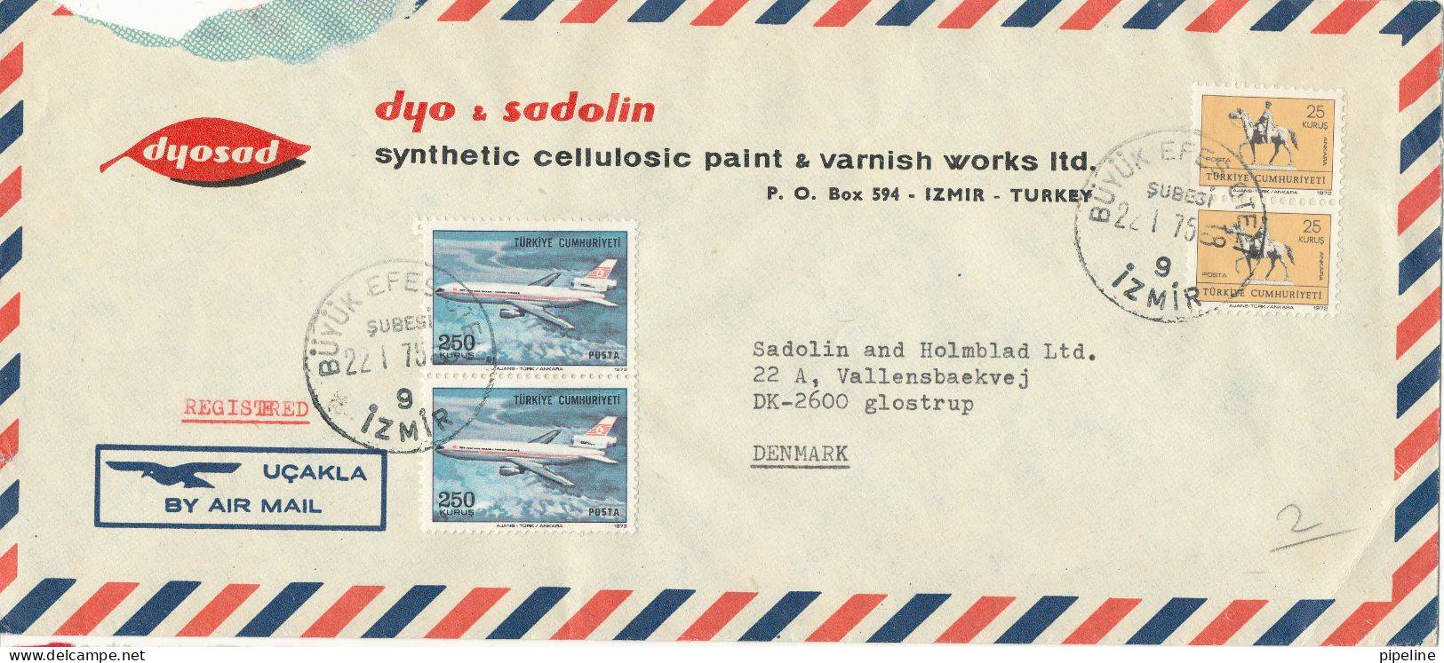 Turkey Air Mail Cover Sent To Denmark 22-1-1975 Topic Stamps Aeroplane Cover Is Damaged In The Upper Left At The Top - Posta Aerea