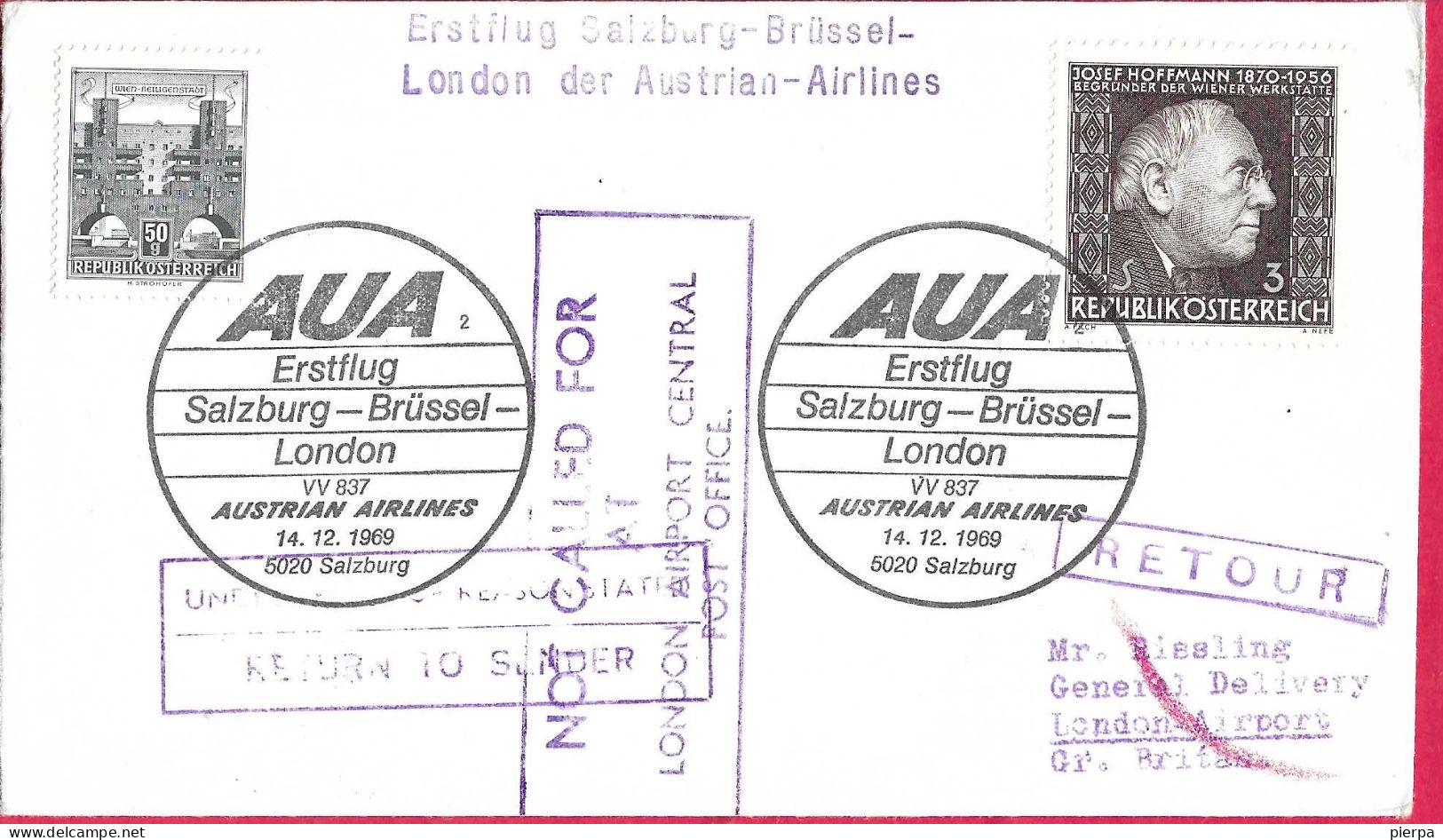 AUSTRIA - ERSTFLUG AUA WITH VV 387- FROM SALZBURG/BRUSSEL/LONDON *14.12.69* ON COVER - First Flight Covers