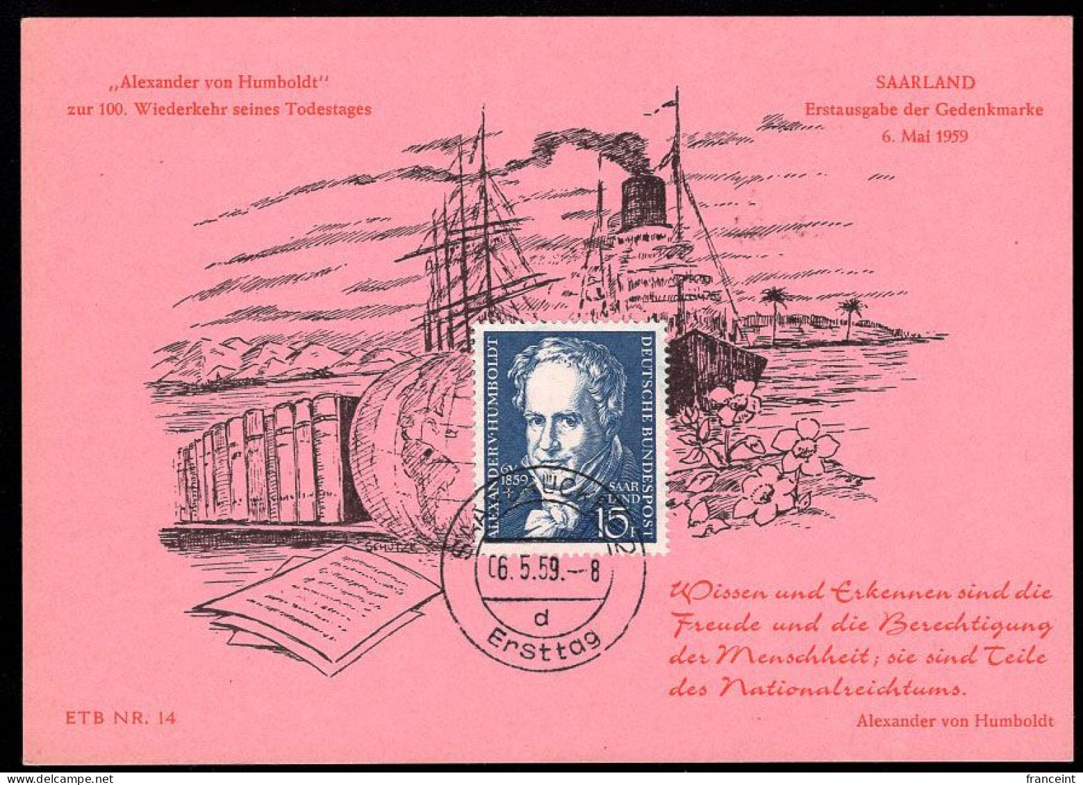 SAAR (1959) Alexander Humboldt. Maximum Card With First Day Cancel. Scott No 322, Yvert No 430. - Storia Postale