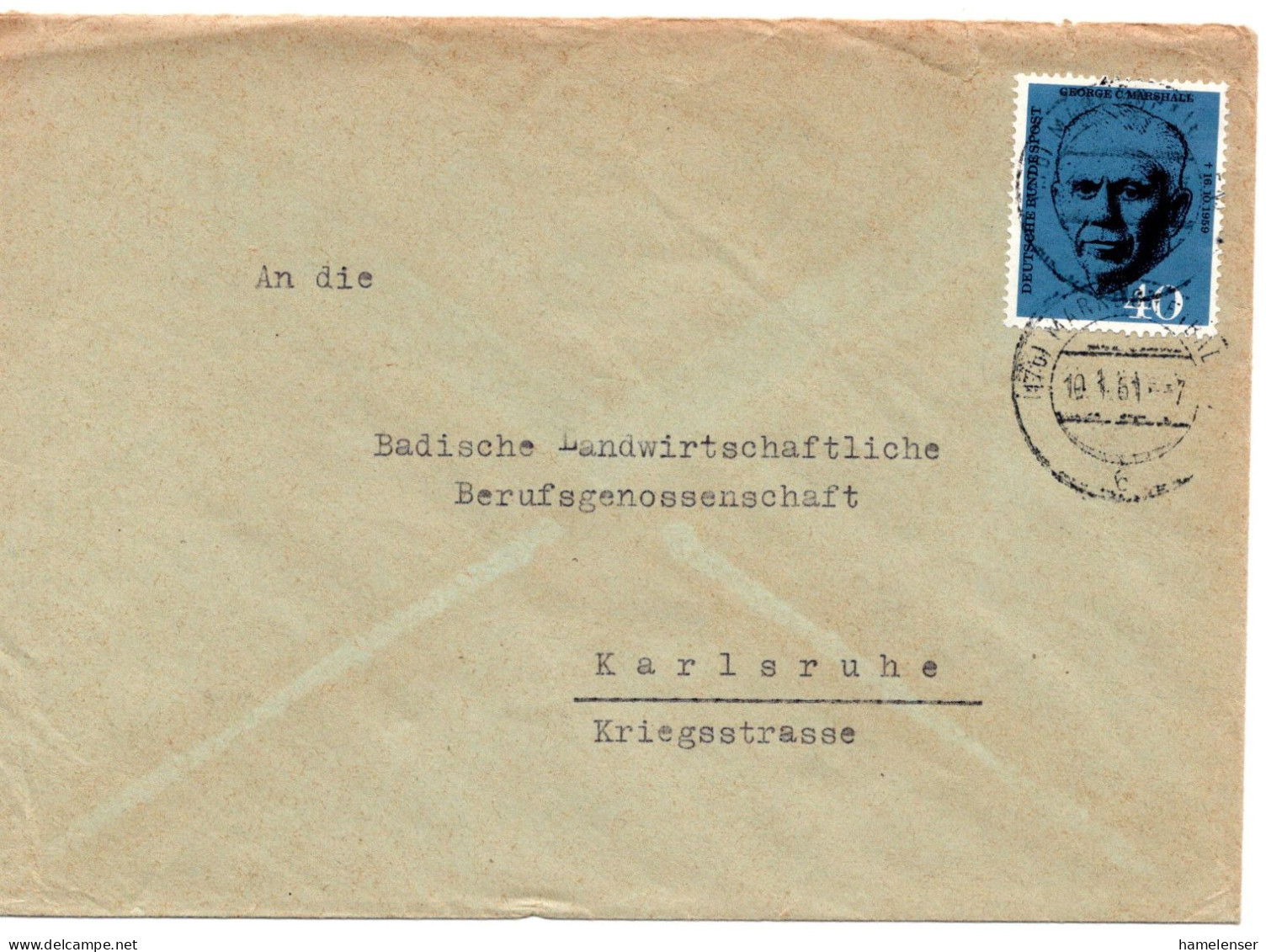 69448 - Bund - 1961 - 40Pfg Marshall EF A Bf MANNHEIM -> Karlsruhe - Brieven En Documenten
