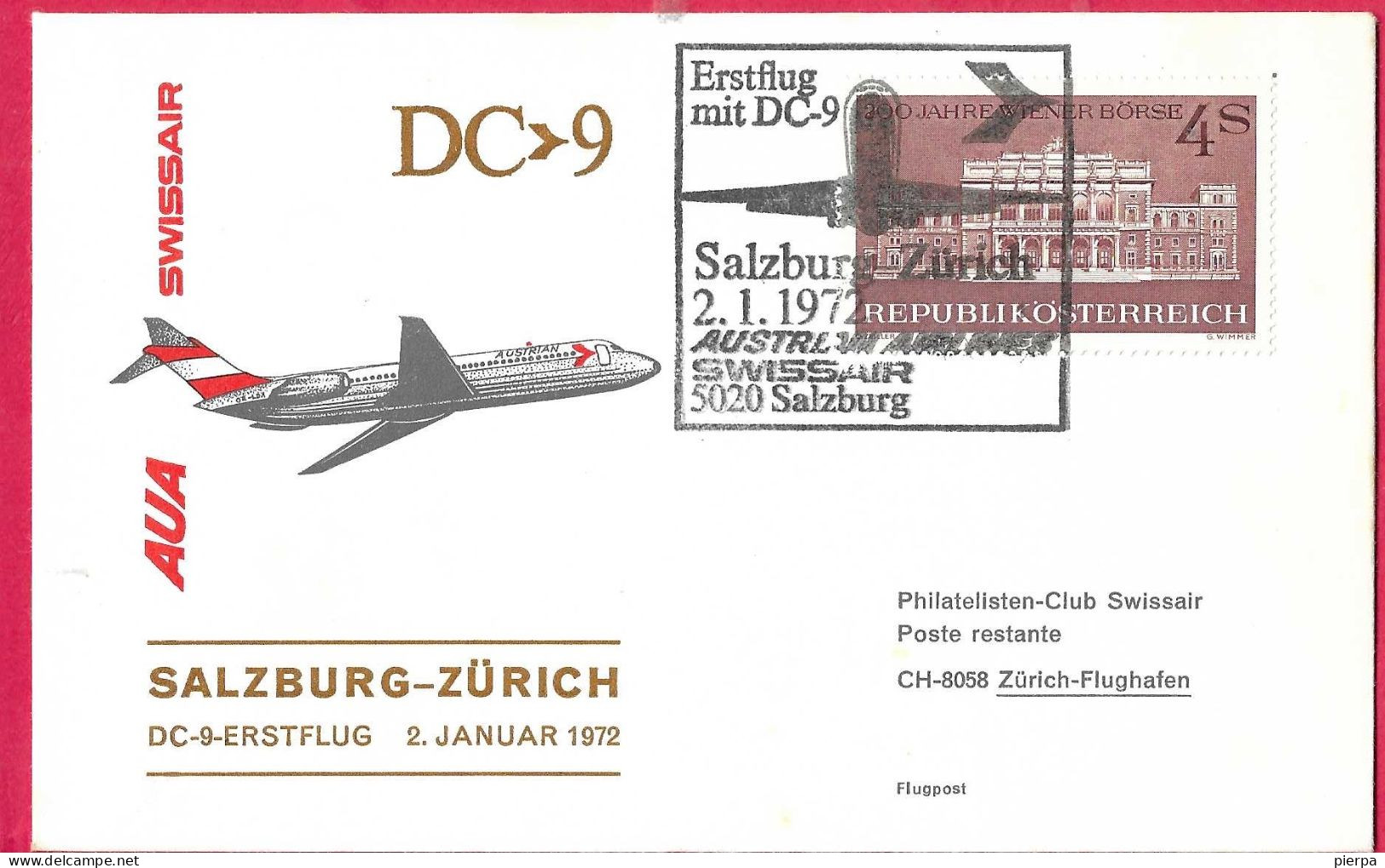 AUSTRIA - ERSTFLUG AUA/SWISSAIR MIT  DC-9 - FROM SALZBURG TO ZURICH *2.1.1972* ON OFFICIAL  COVER - Eerste Vluchten