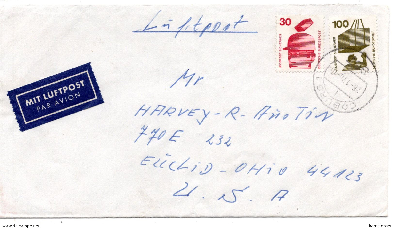 69449 - Bund - 1976 - 100Pfg Unfall MiF A LpBf COBURG -> Euclid, OH (USA) - Storia Postale