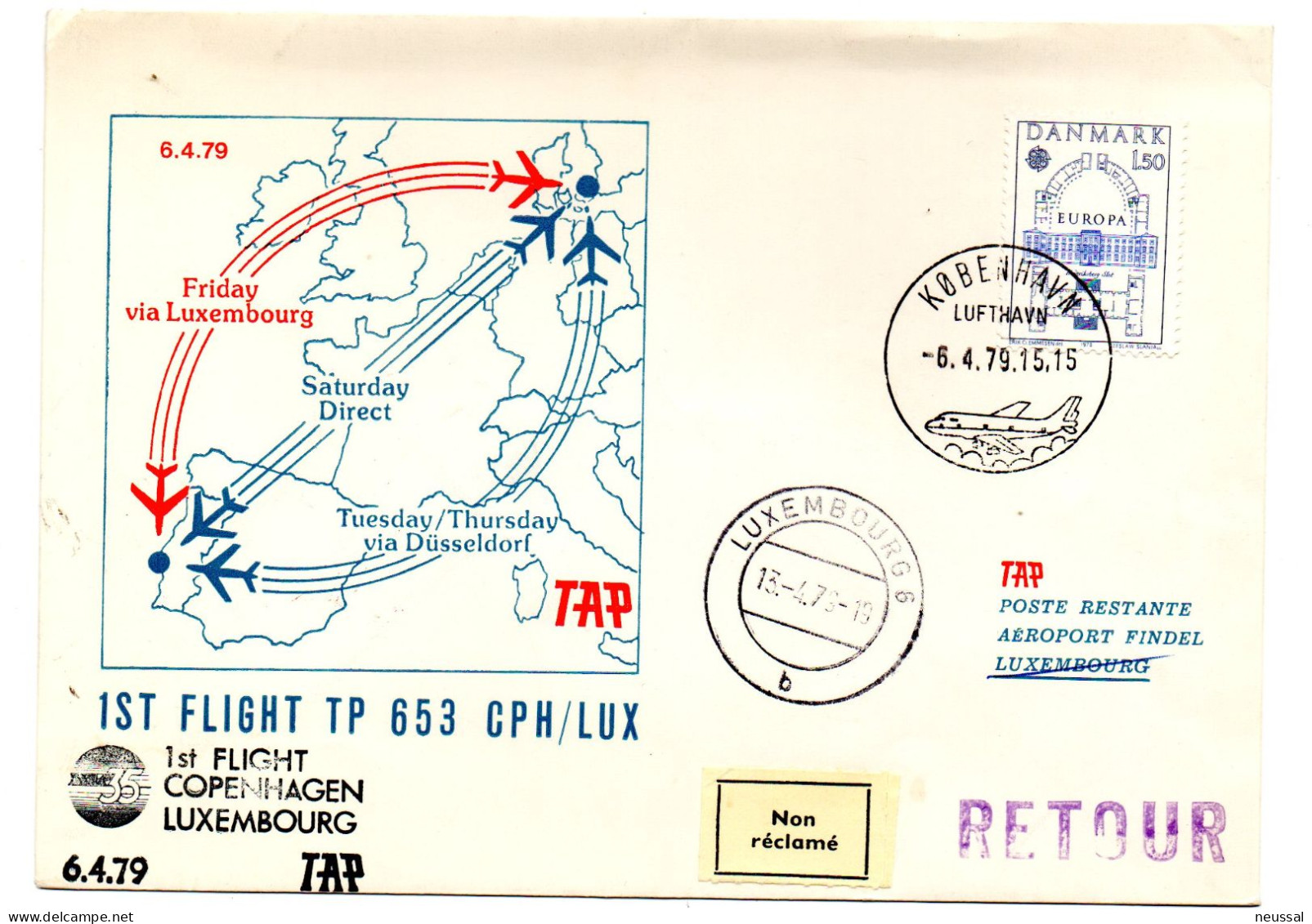 Carta  Con Matasellos Commemorativo  1 Vuelo Copenhagen-luxemburgo 1979 - Brieven En Documenten