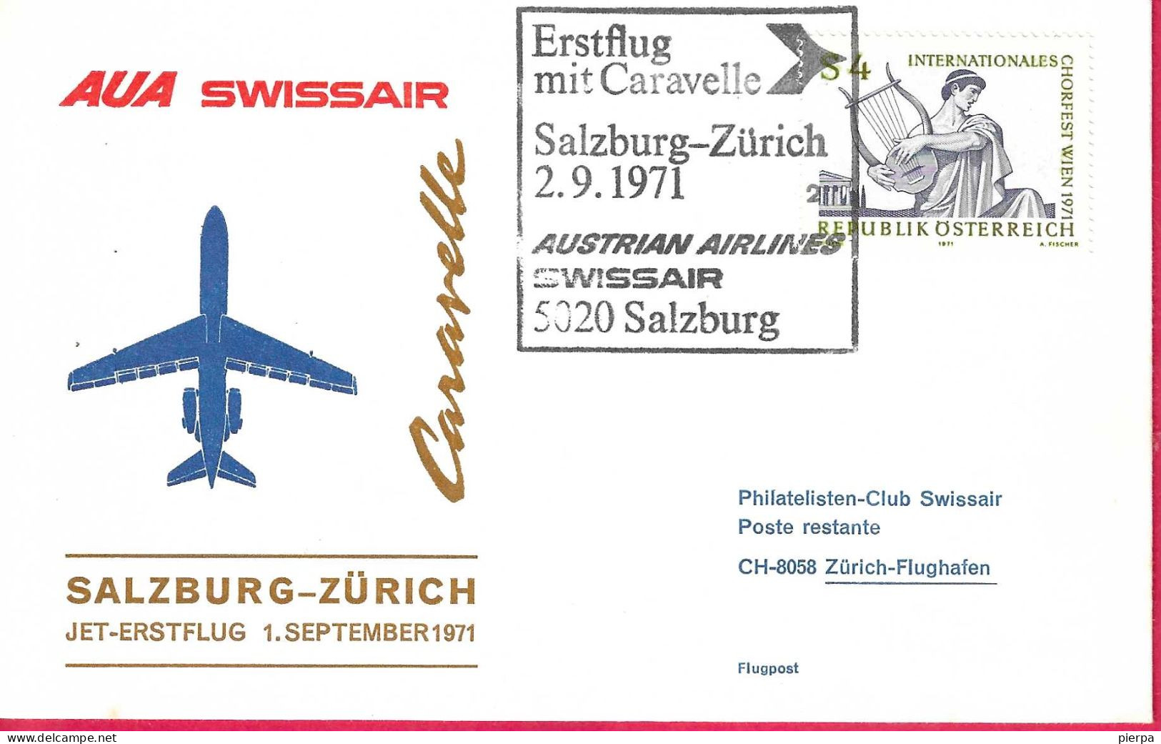 AUSTRIA - ERSTFLUG AUA/SWISSAIR  MIT  CARAVELLE - FROM SALZBURG TO ZURICH *2.9.1971* ON OFFICIAL COVER - First Flight Covers