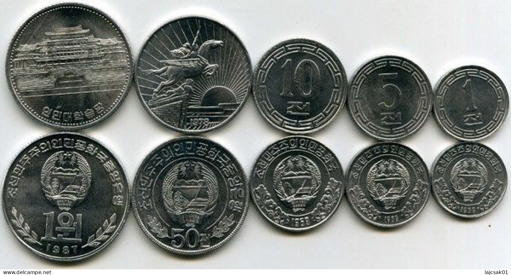 Korea N. Set 5 Coins 1 - 5 - 10 - 50 Chon  And 1 Won 1959 - 1987. High Grade - Corea Del Norte