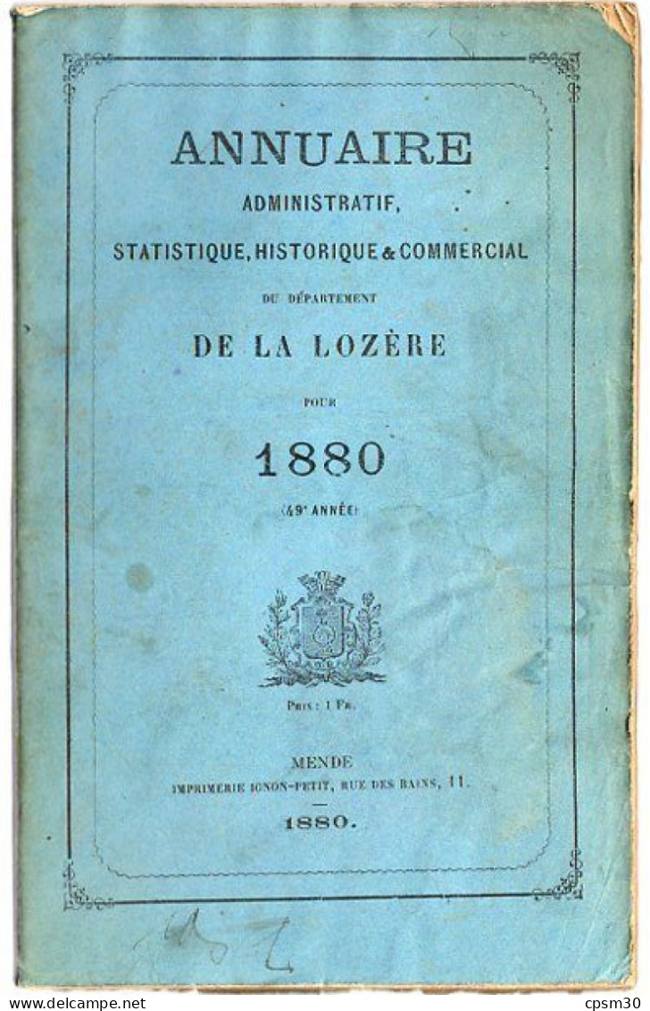 ANNUAIRE - 48 - LOZÈRE - Administratif Statistique Historique Et Agricole 1880 - Telephone Directories