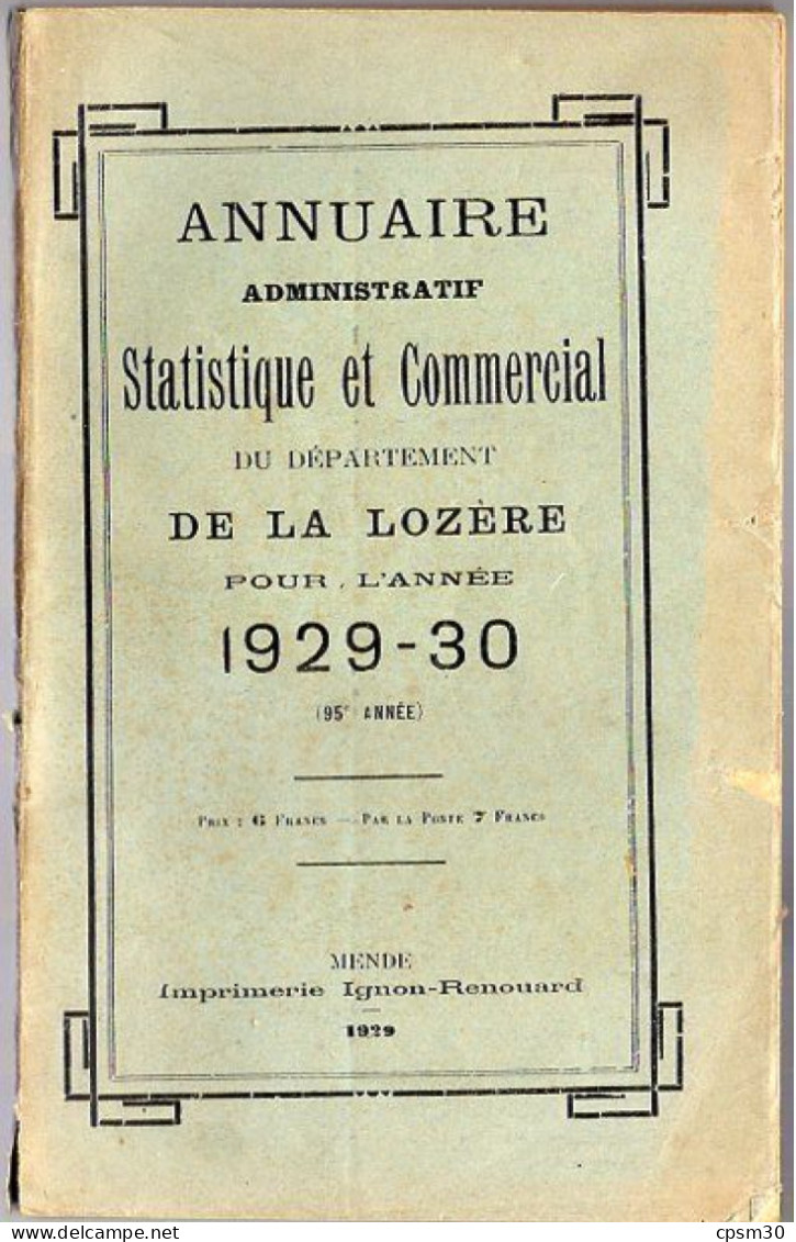 ANNUAIRE - 48 - LOZÈRE - Administratif Statistique Historique Et Agricole 1929/30 - Directorios Telefónicos