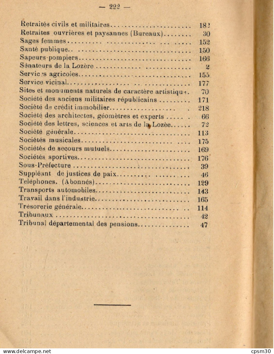 ANNUAIRE - 48 - LOZÈRE - Administratif Statistique Historique Et Agricole 1929/30 - Telephone Directories