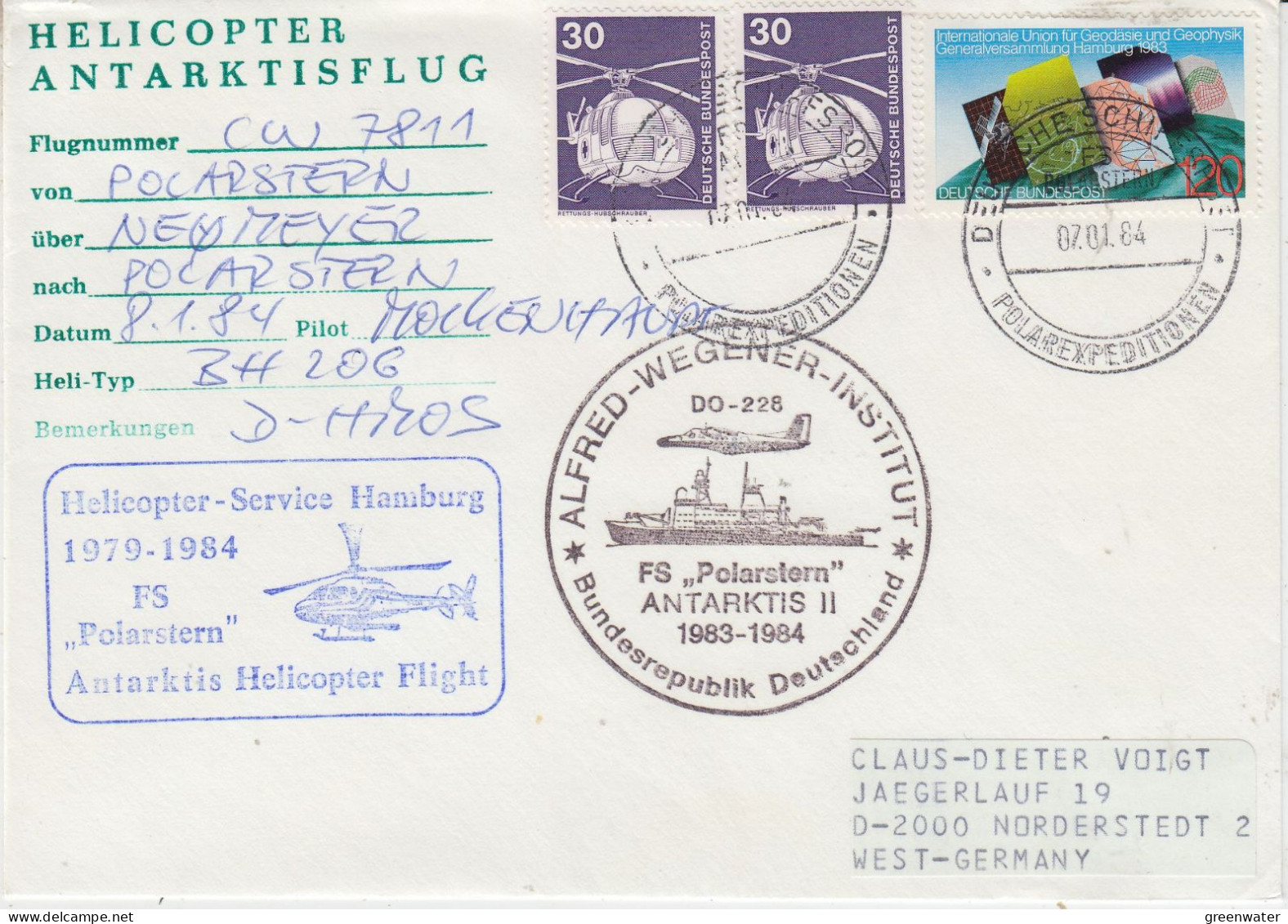 Germany Heli Flight From Polarstern To Neumayer 8.1.1984 (ET155A) - Polar Flights