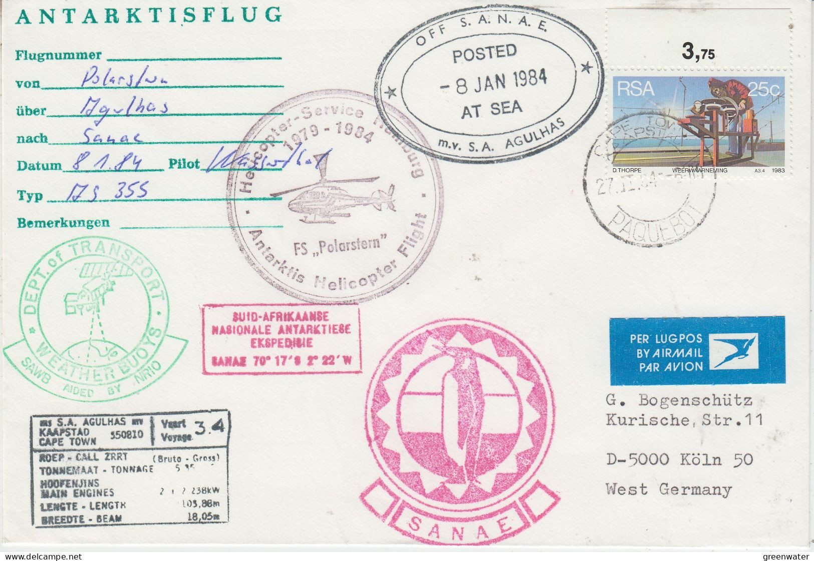 South Africa Heli Flight From Polarstern über Agulhas Nach Sanae 8.1.1984 (ET155B) - Voli Polari