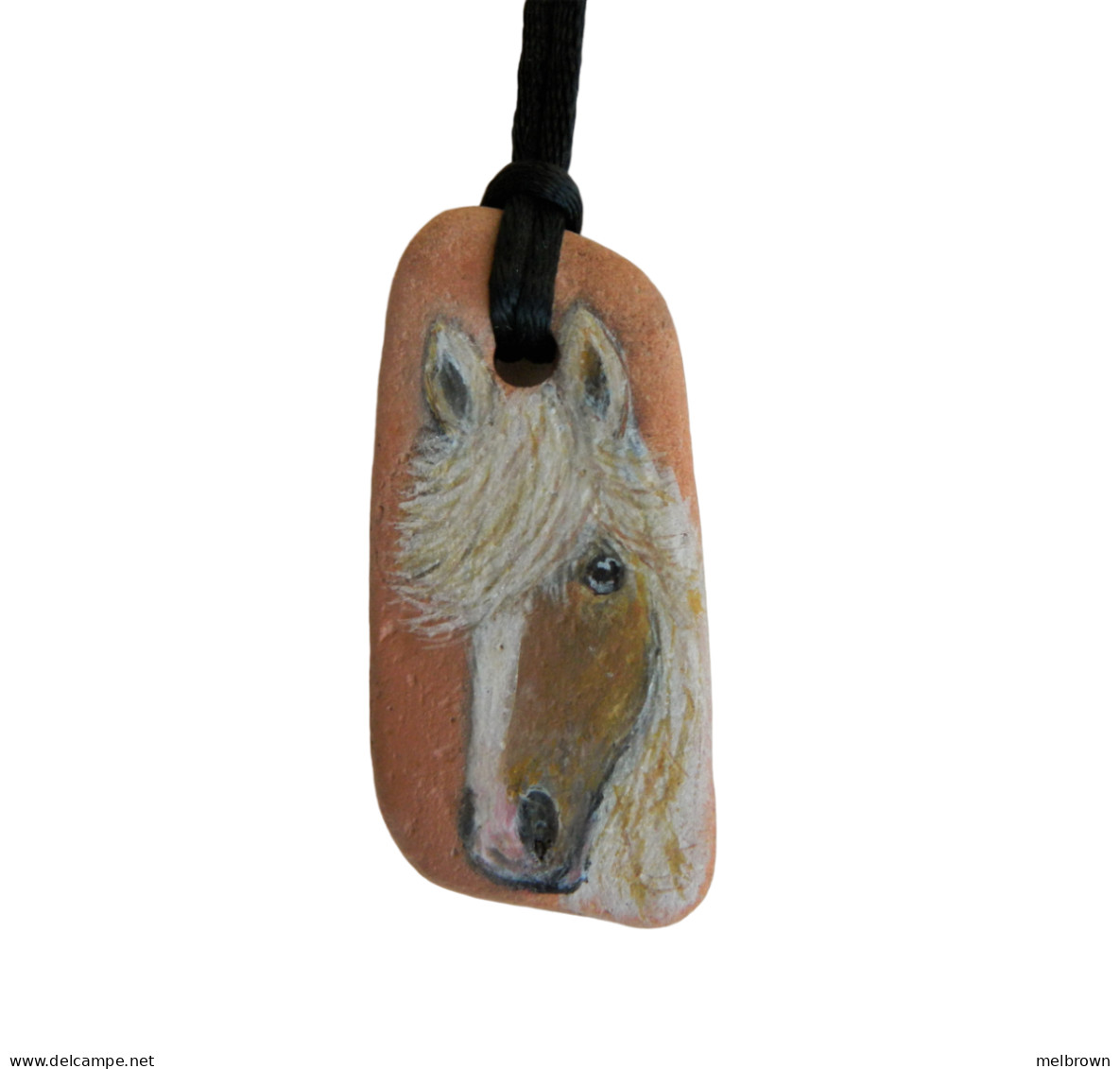 PALOMINO HORSE Hand Painted On A Sea-Worn Terracotta Pendant - Animaux