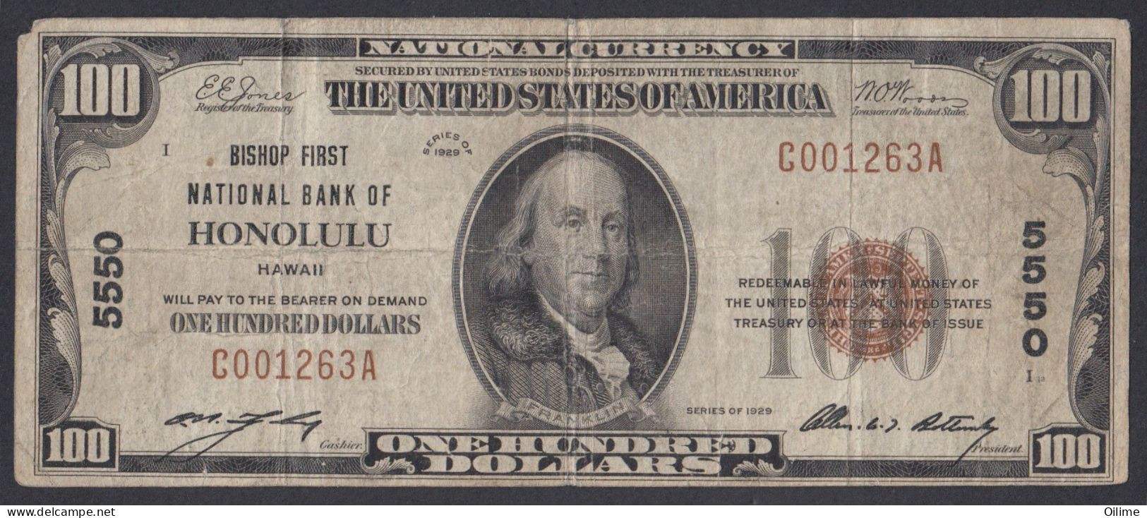 BISHOP NATIONAL BANK OF HAWAII EN HONOLULU DE HONOLULU – 5550. HUNDRED DOLLAR BILL 1929. VG CONDITION - Unclassified