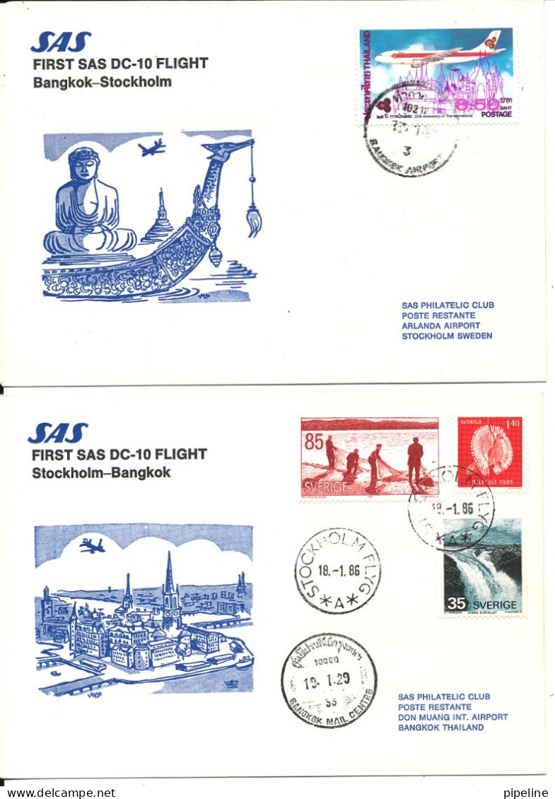 Sweden - Thailand SAS First DC-10 Flight Stockholm - Bangkok 18-1-1986 And Return 19-1-1986 2 Covers - Brieven En Documenten