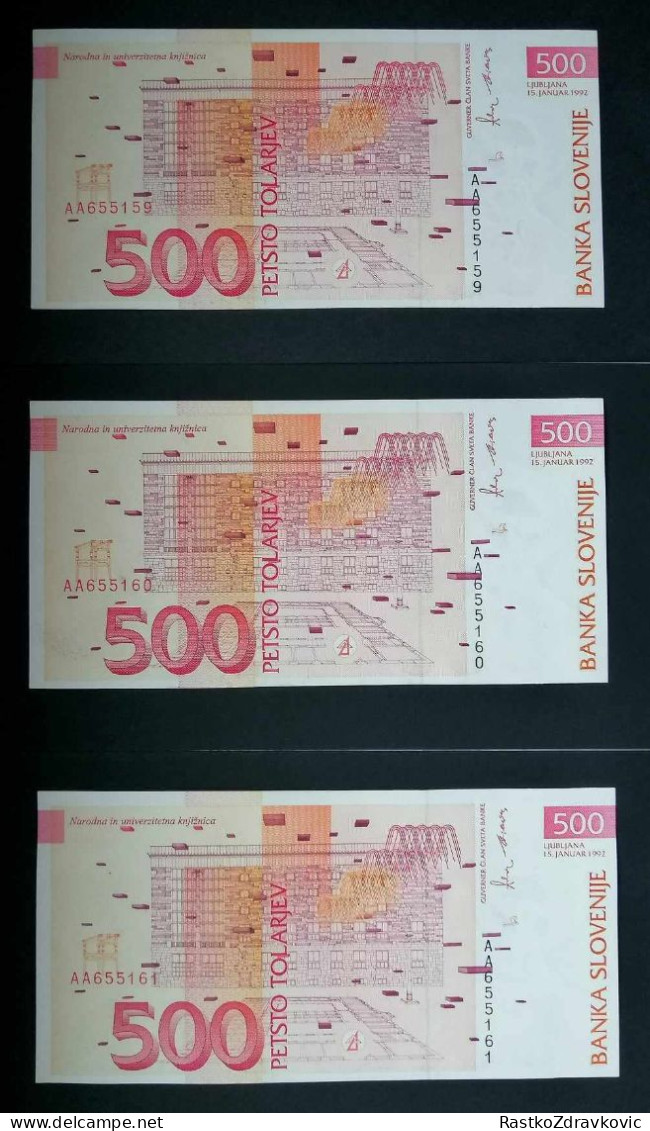 SLOWENIA+500-TOLARJEV+1992+P-16a+UNC+AA+LOT-3PCS+SEQUENCE NUMBERS - Slovénie