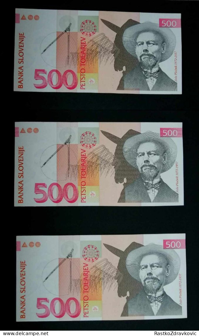 SLOWENIA+500-TOLARJEV+1992+P-16a+UNC+AA+LOT-3PCS+SEQUENCE NUMBERS - Eslovenia