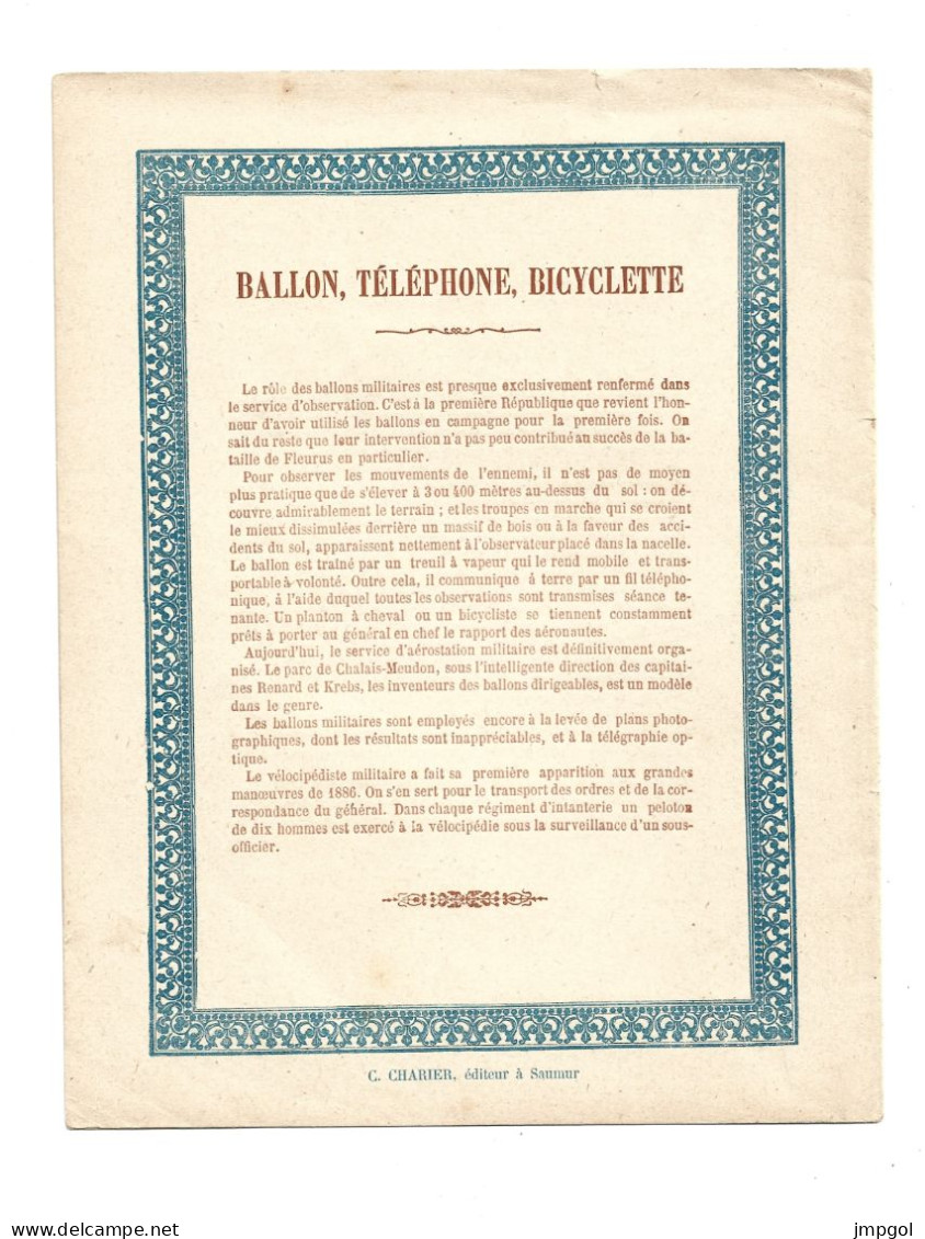 Couverture Cahier Militaire Ballons Téléphone Bicyclette Collection Charier Saumur Vers 1900 - Protège-cahiers