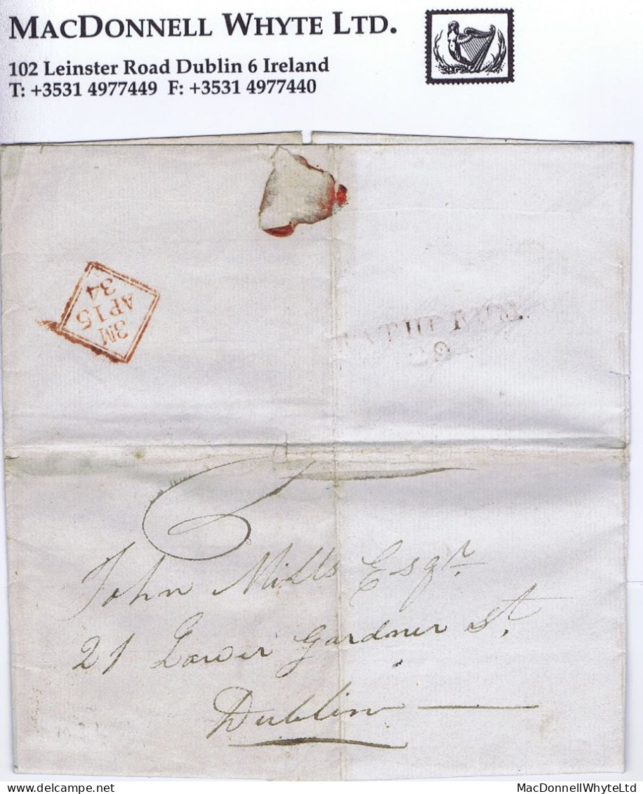 Ireland Wicklow 1834 Letter To Dublin At "5" With RATHDRUM/29 Town Mileage Mark In Red - Prephilately
